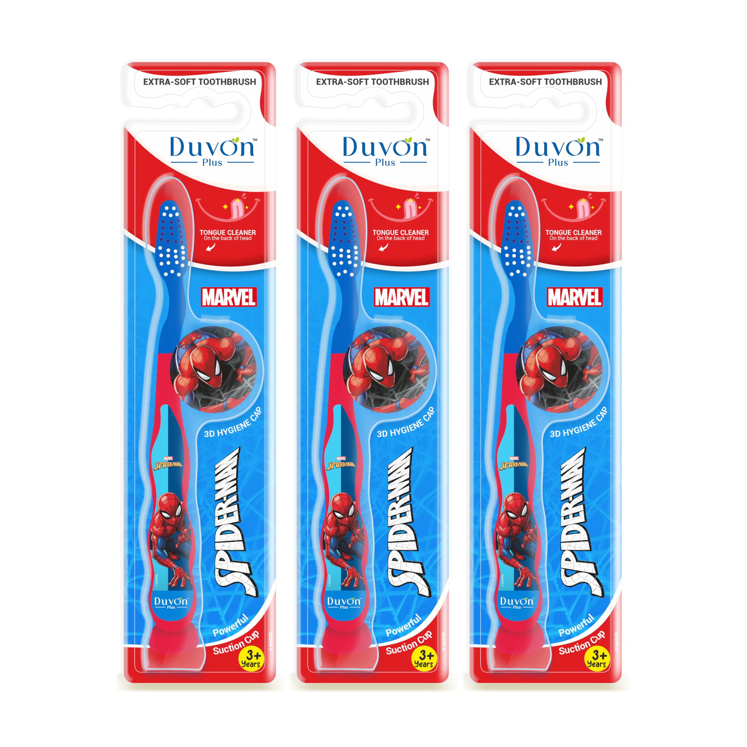 Marvel Spiderman Kids Toothbrush with 3D Hygiene Cap, Extra-Soft Bristles, Tongue Cleaner, Age 3+, Pack of 3