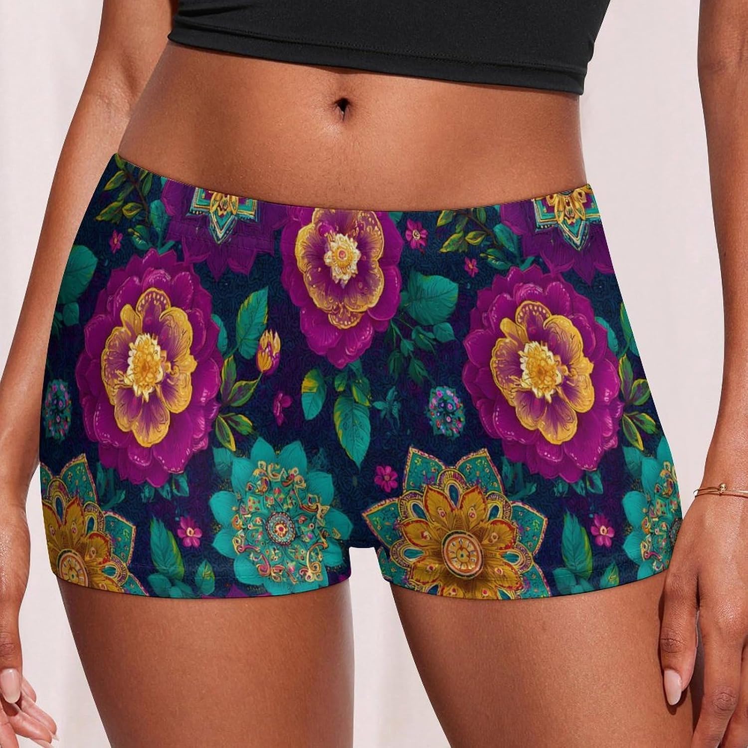 Colorful Indian Boho1 Flower Pattern Funny Women's Boxer Briefs Breathable Underpants Trunks Stretch Underwear