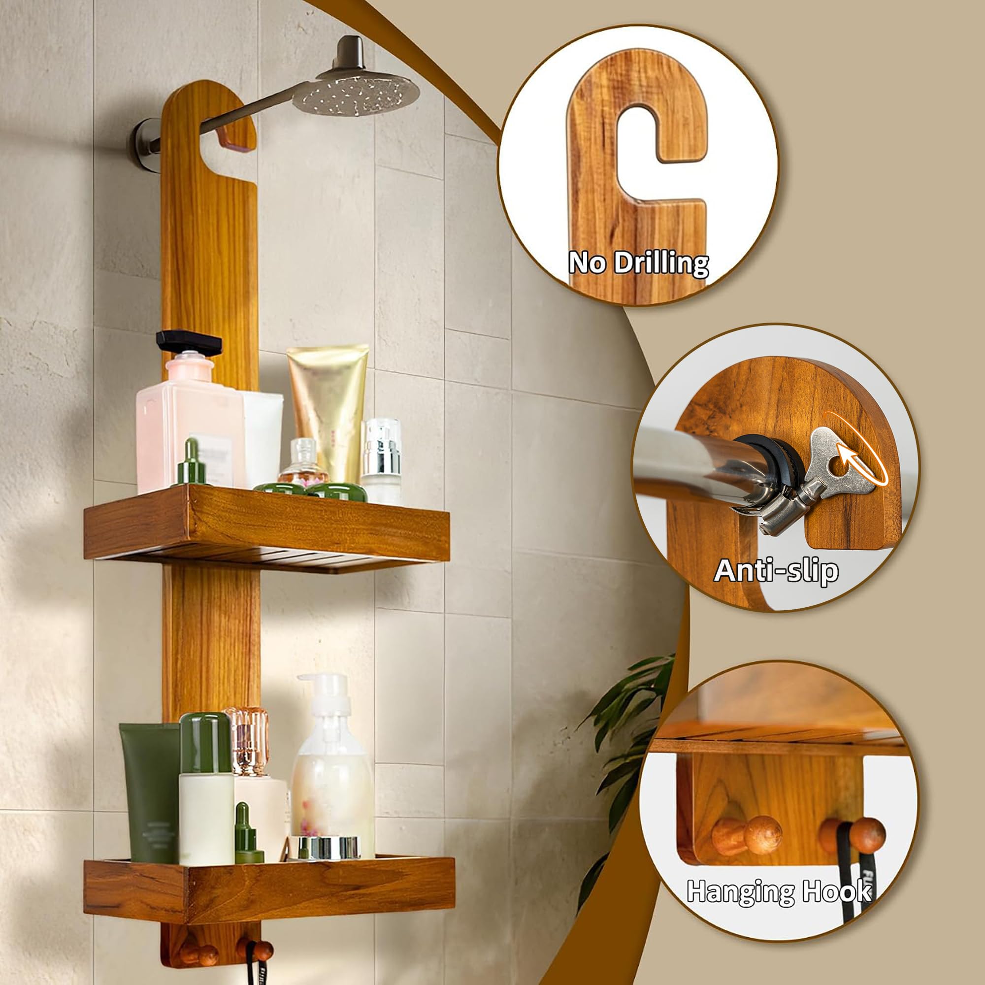 Utoplike Teak Dusche Korb mit Haken, extra hoch 2 Tier hängenden Badezimmer Dusche Caddy, hölzerne Regal für Bad-Accessoires, kein Bohren erforderlich Küche, Haushalt & Wohnen