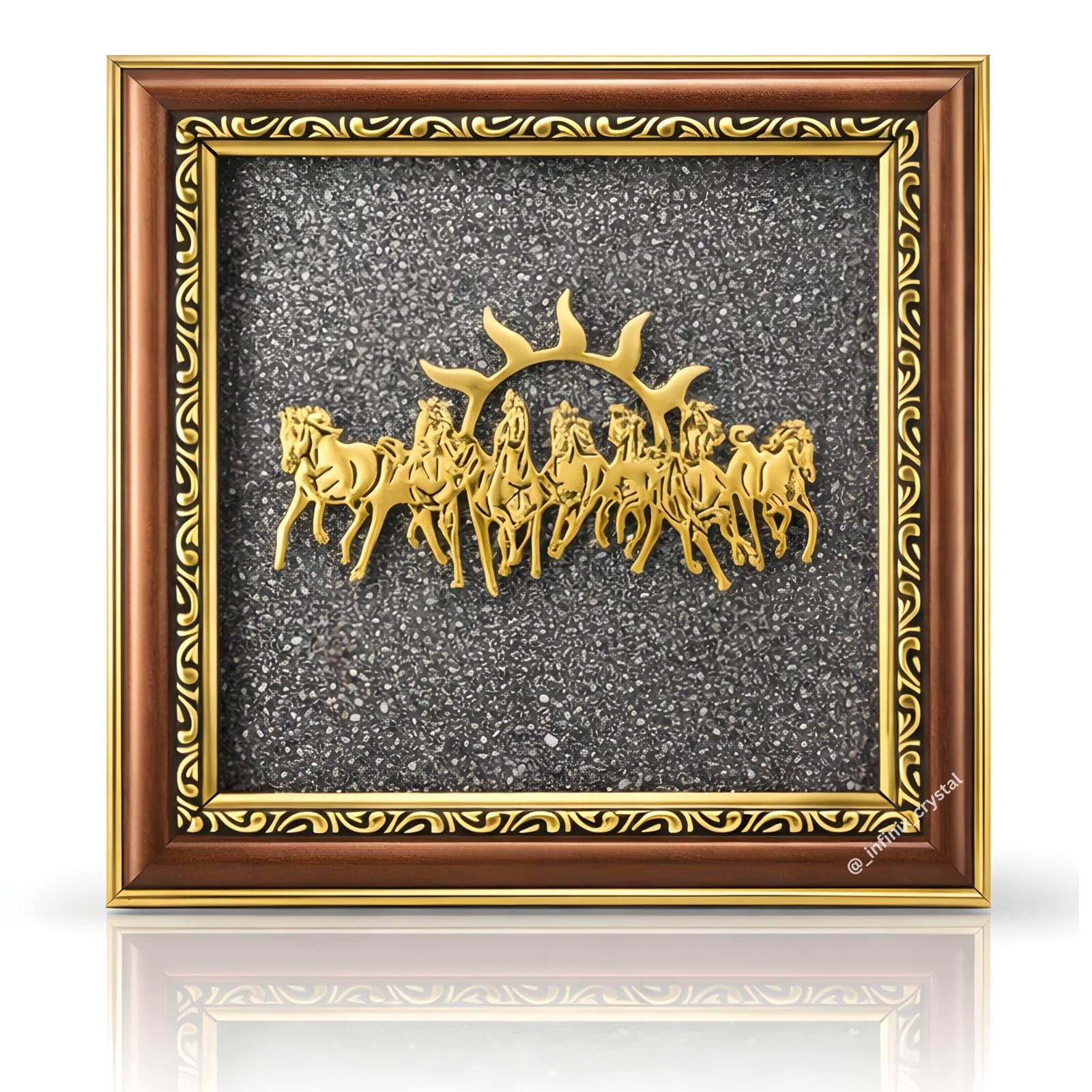 INFINIX CRYSTAL 7 Horses on Raw Pyrite Frame | Seven Horses with Sun Vastu Frame for Reiki & Wall/Tabletop Decor | Certified Pyrite Stone Wall Hanging for Home and Office Decor & Gift | 8×8 Inches