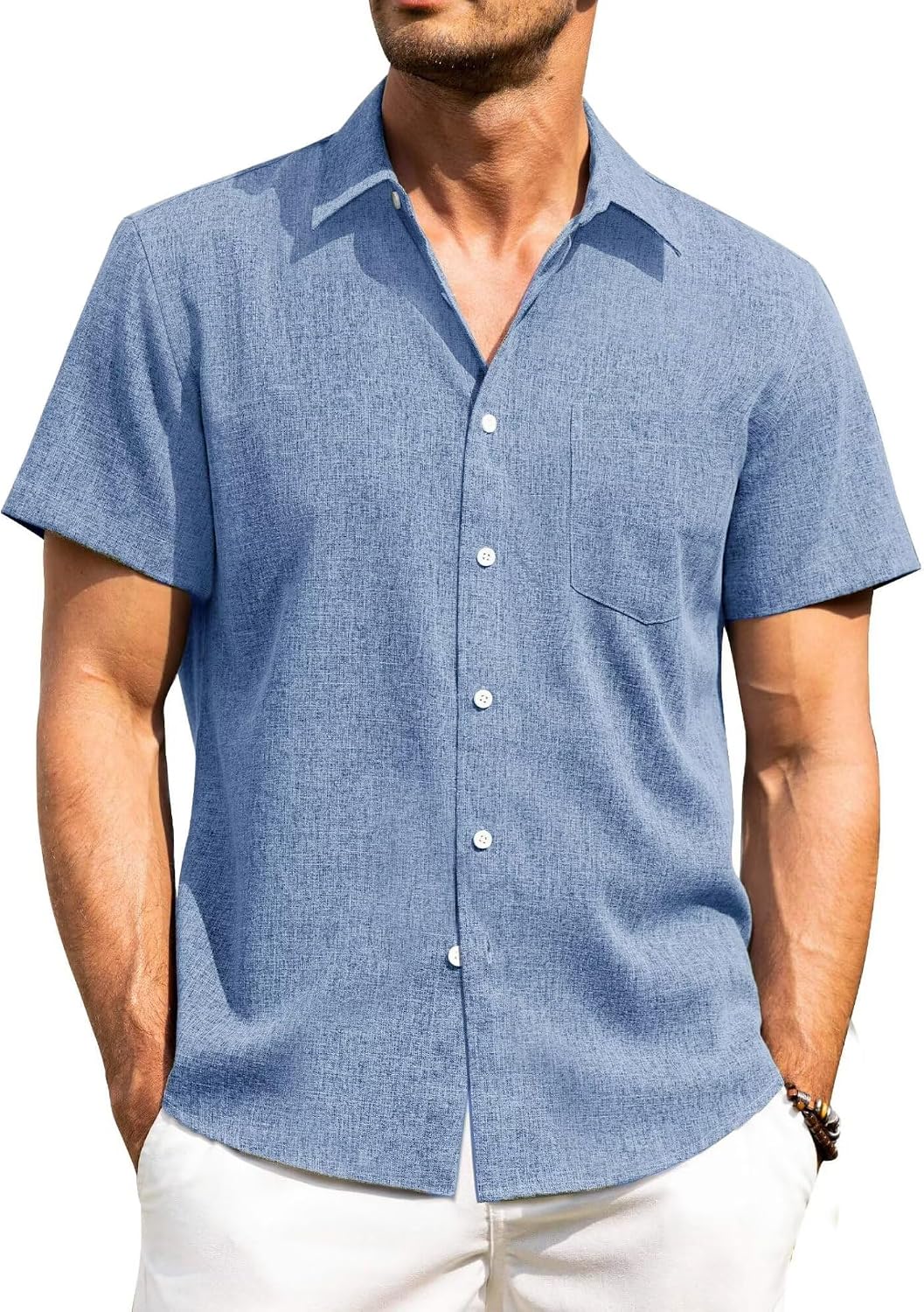 Camicia Lino Uomo Manica Corta Estiva Casual con Taschino