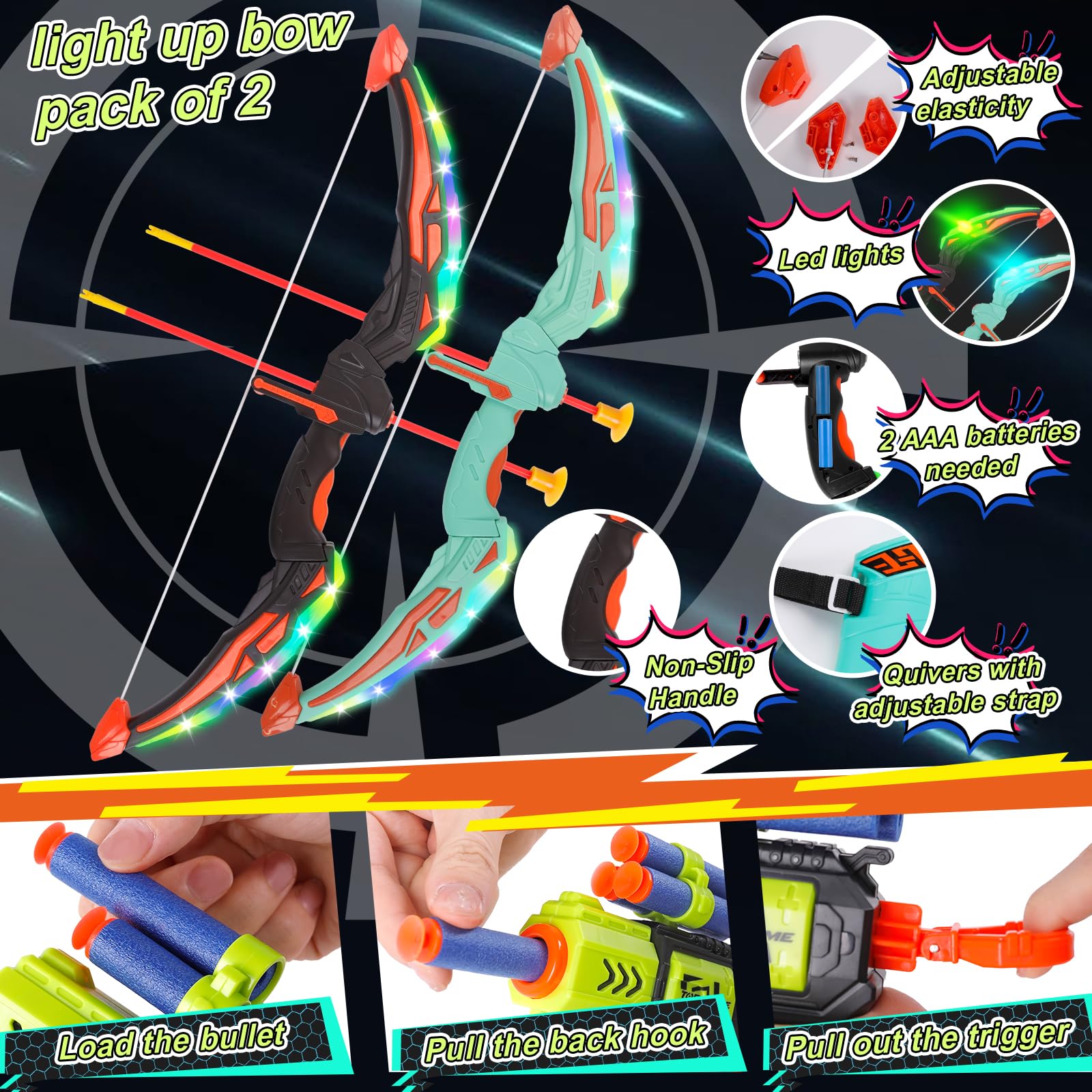 2 Pack Arco e Frecce per Bambini Set di Tiro con L'Arco con Luci LED 16 Frecce Giocattolo per Interni ed Esterni Regalo per Ragazzi e Ragazze di 4-12 Anni