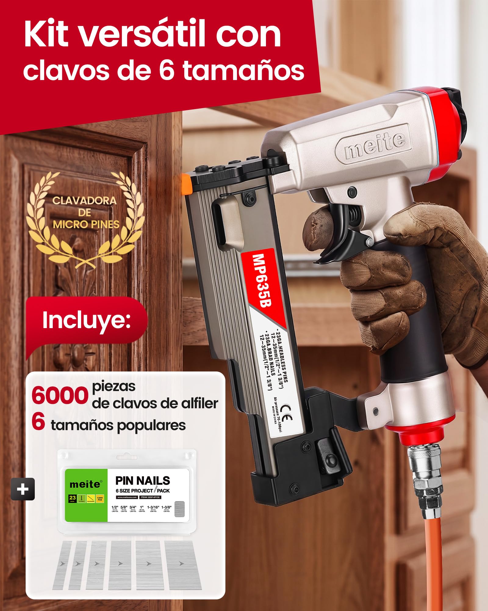 meite MP635B Clavadora Neumática de Clavos 23GA con 6.000 Clavos Pin Surtidos (12,16,19,25,30,35 mm), Pistola de Púas Neumática para Clavos Pin de 12-35 mm, Molduras Finas, Paneles y Manualidades