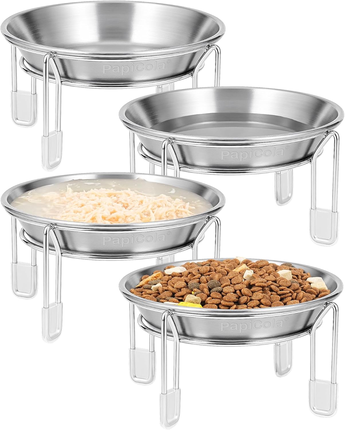 Elevated cat Bowl, 6.3" Wide Raised Stainless Steel Cat Food and Water Dishes, Small Dog Bowl, Whisker Friendly, Anti-Vomiting, Neck Stress-Free, Non-Slip Stainless Steel Stand with 4 Legs- 4Pack