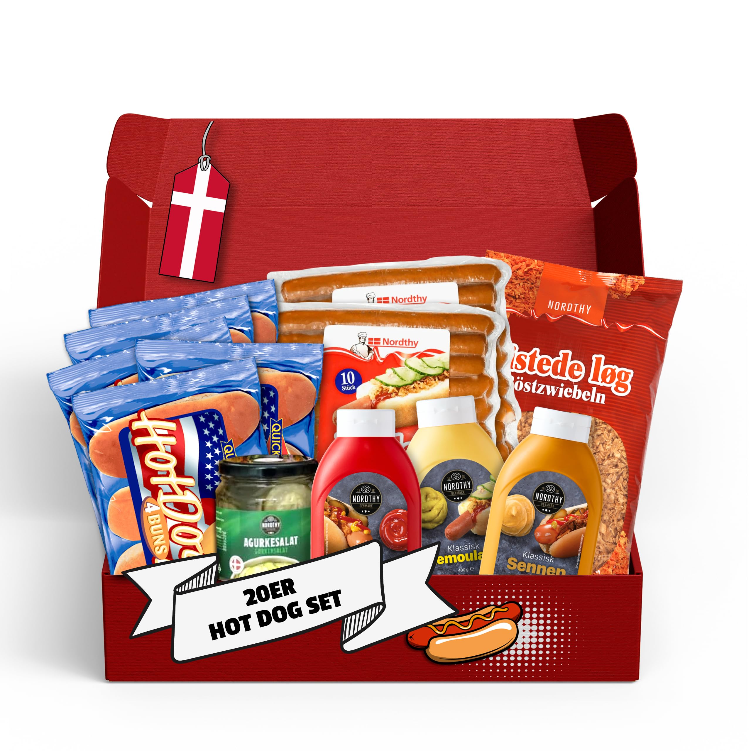 Nordthy Original Dänisches Hot Dog Set für 20x Hotdogs – Komplett Party Paket mit leckeren Würstchen/Brötchen/Hot Dog Saucen/Remoulade/Gurken – Premium Hot Dog Paket im NeedforSweet Karton