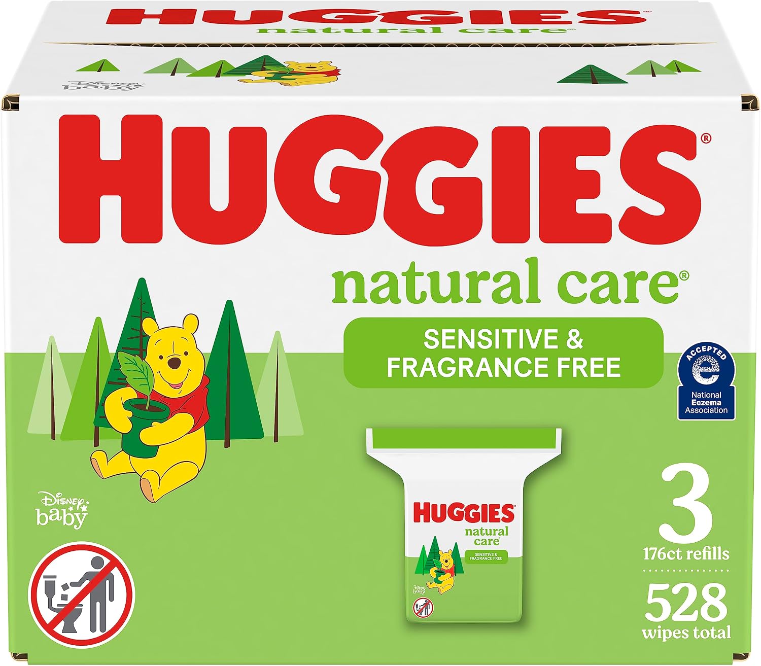 Huggies Natural Care Sensitive Baby Wipes, Unscented, Hypoallergenic, 99% Purified Water, 3 Refill Packs (528 Wipes Total)