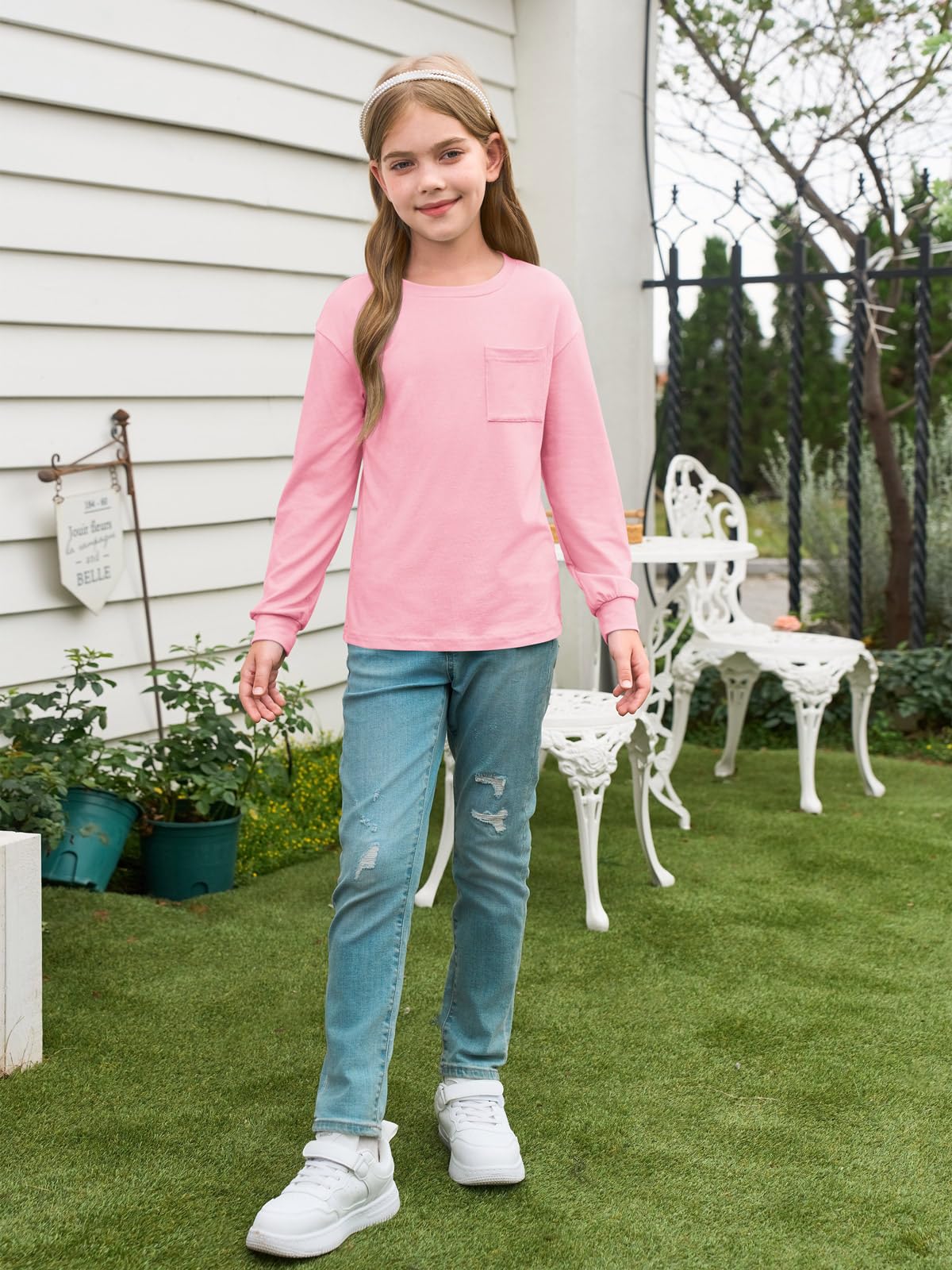 Haloumoning Camisas de manga larga para niñas con cuello redondo suave