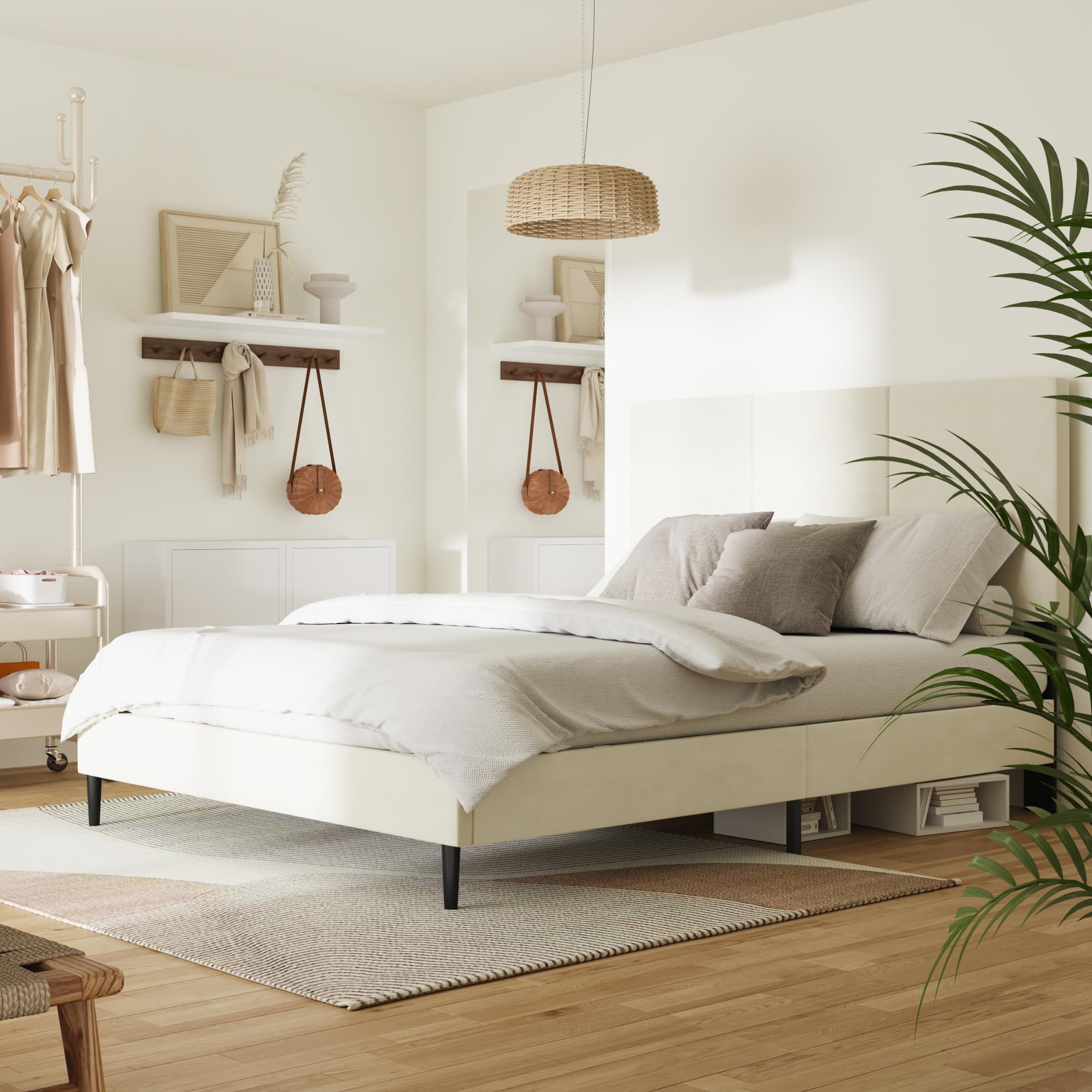 Base de cama tamaño Queen con cabecero, marco de cama de plataforma Queen de canal vertical, no requiere resortes, fácil de montar, beige 7