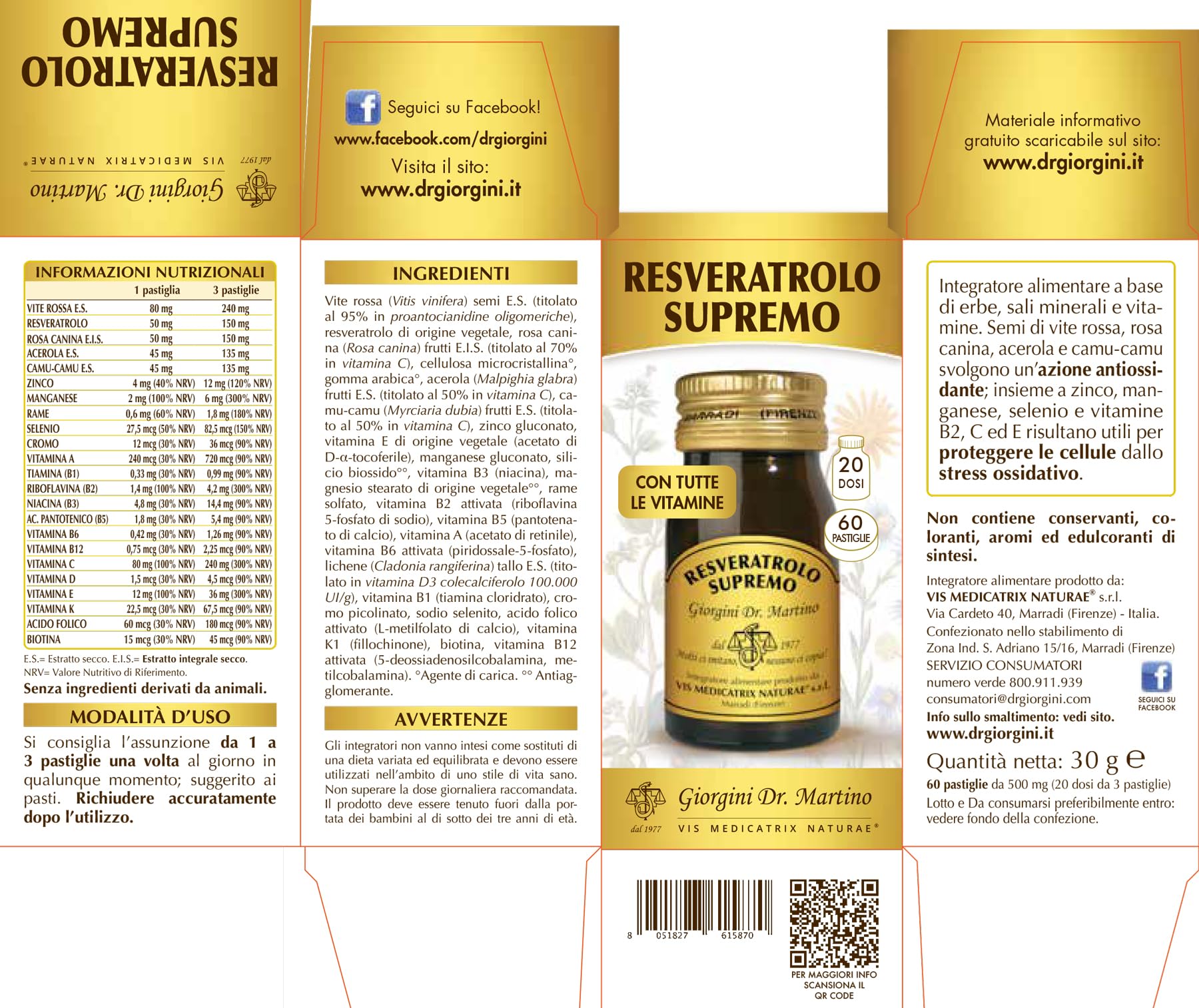 Dr Giorgini Integratore Alimentare, Resveratrolo Supremo Pastiglie - 30 g