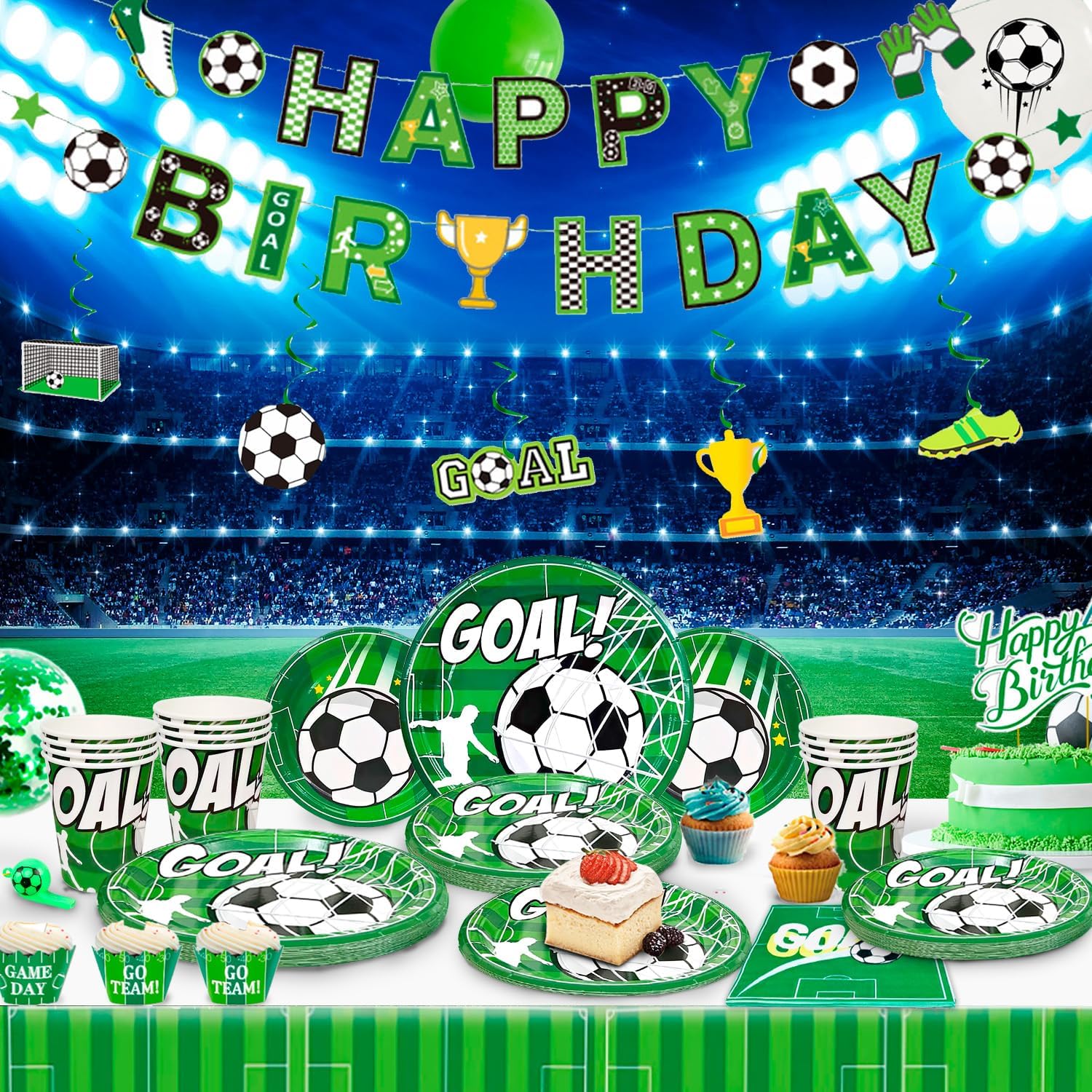 Forniture per Feste di Calcio,16 Ospiti Calcio Stoviglie per Feste di Compleanno Calcio Decorazioni Set-Tema Calcio per Piatti Tazze Striscioni etc Decorazioni Compleanno Tema Sportivo
