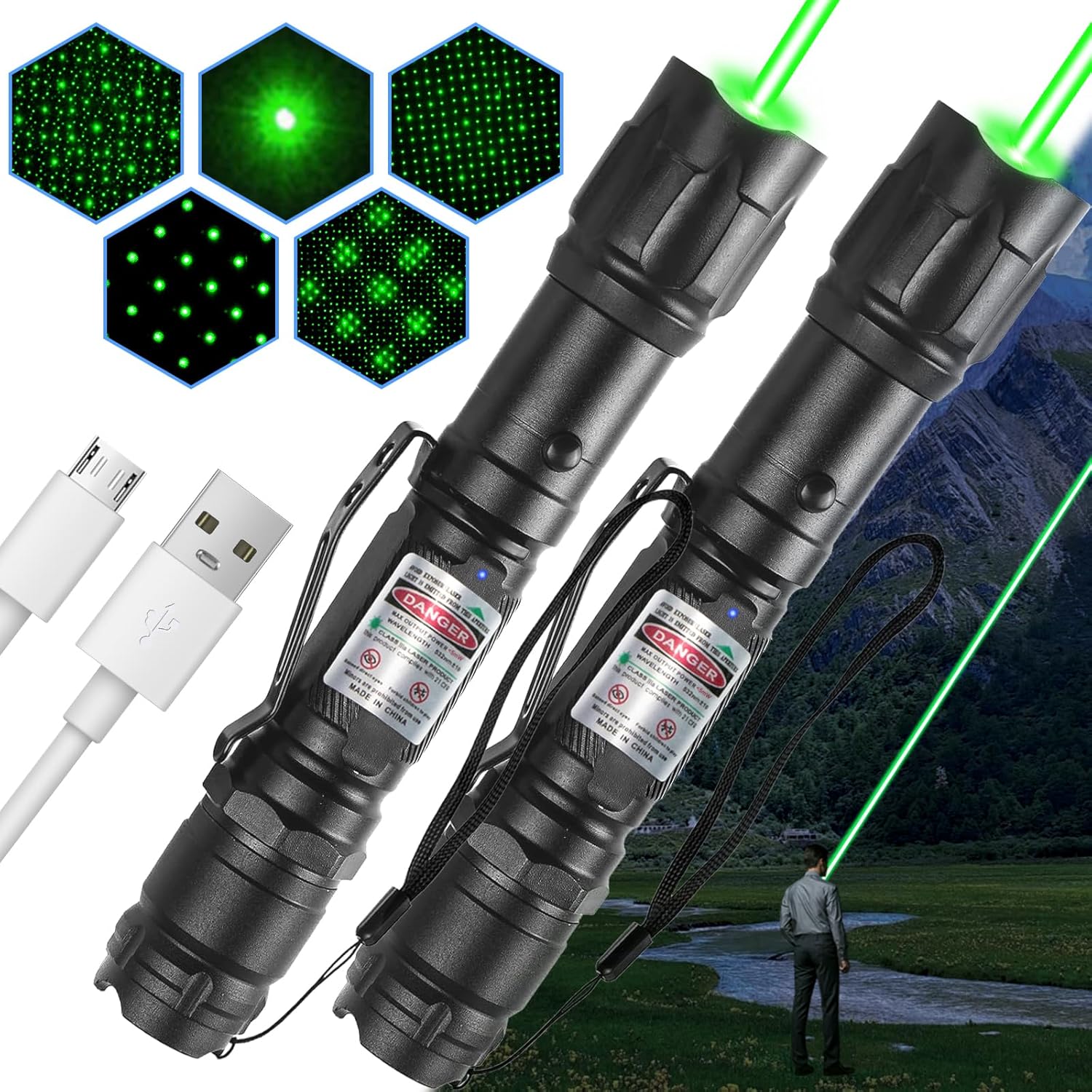 [2 Packs] Green Light Flashlight Rechargeable, Long Range Adjustable Focus Tactical Beam for Outdoor Journeys, Camping, Presentations, TV/LED/LCD Screens, and Stargazing