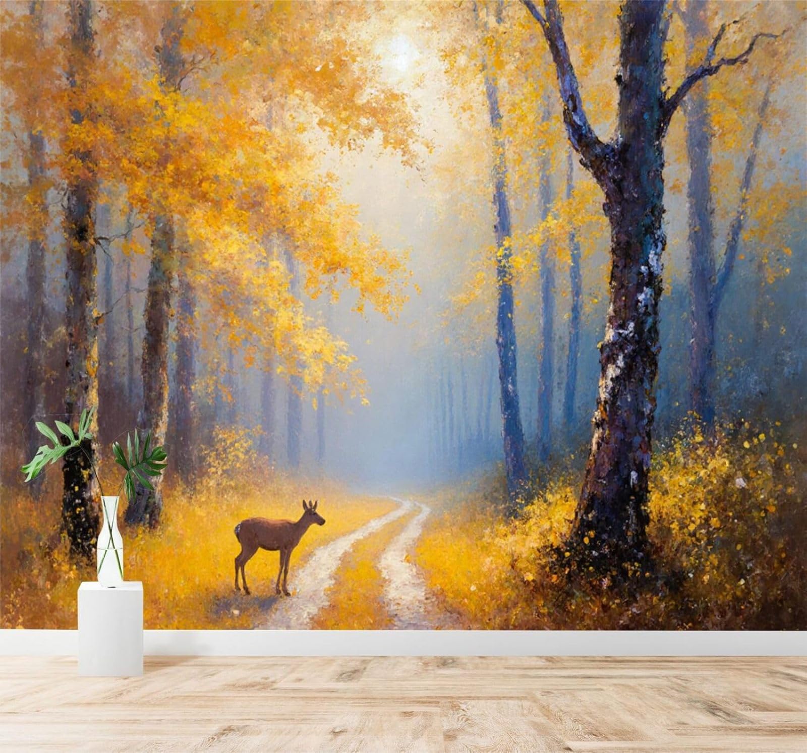 Xlming 400Cm×280Cm(B×H) Autumn Forest Fawn Misty Path Golden Trees 3D Wallpaper Premium Textured Silk Study Dining Living Room Bedroom Sofa Tv Wall Easy Install-400Cm×280Cm