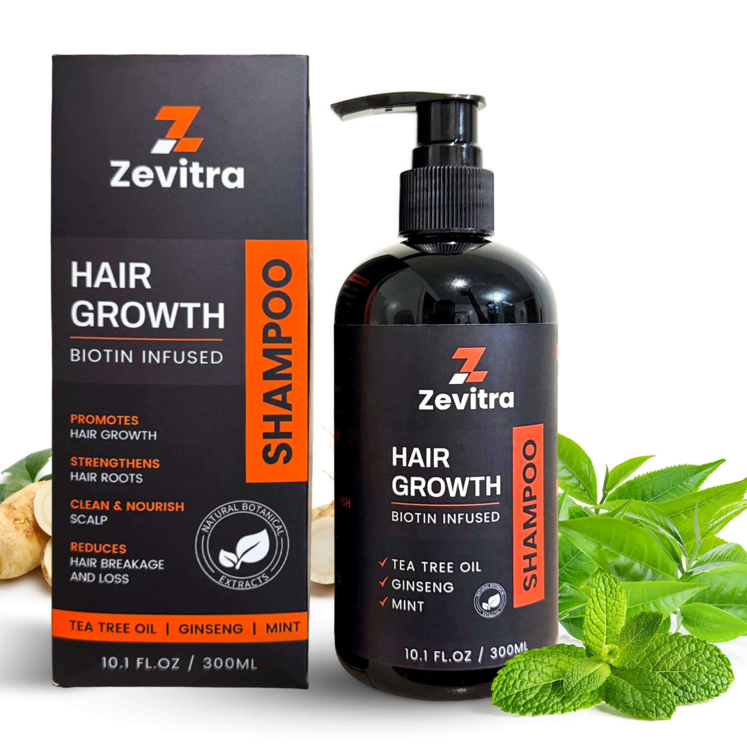Zevitra Hair Growth Shampoo - Biotin Infused Natural Botanical Formula with Tea Tree Oil, Ginseng & Mint for Stronger Hair and Healthy Scalp - 10.1 FL.OZ / 300ML