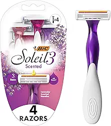 BIC Soleil Smooth Perfumado feminino descartável com 3 lâminas de barbear, alças perfumadas de lavanda e tira lubrificante, pacote com 4