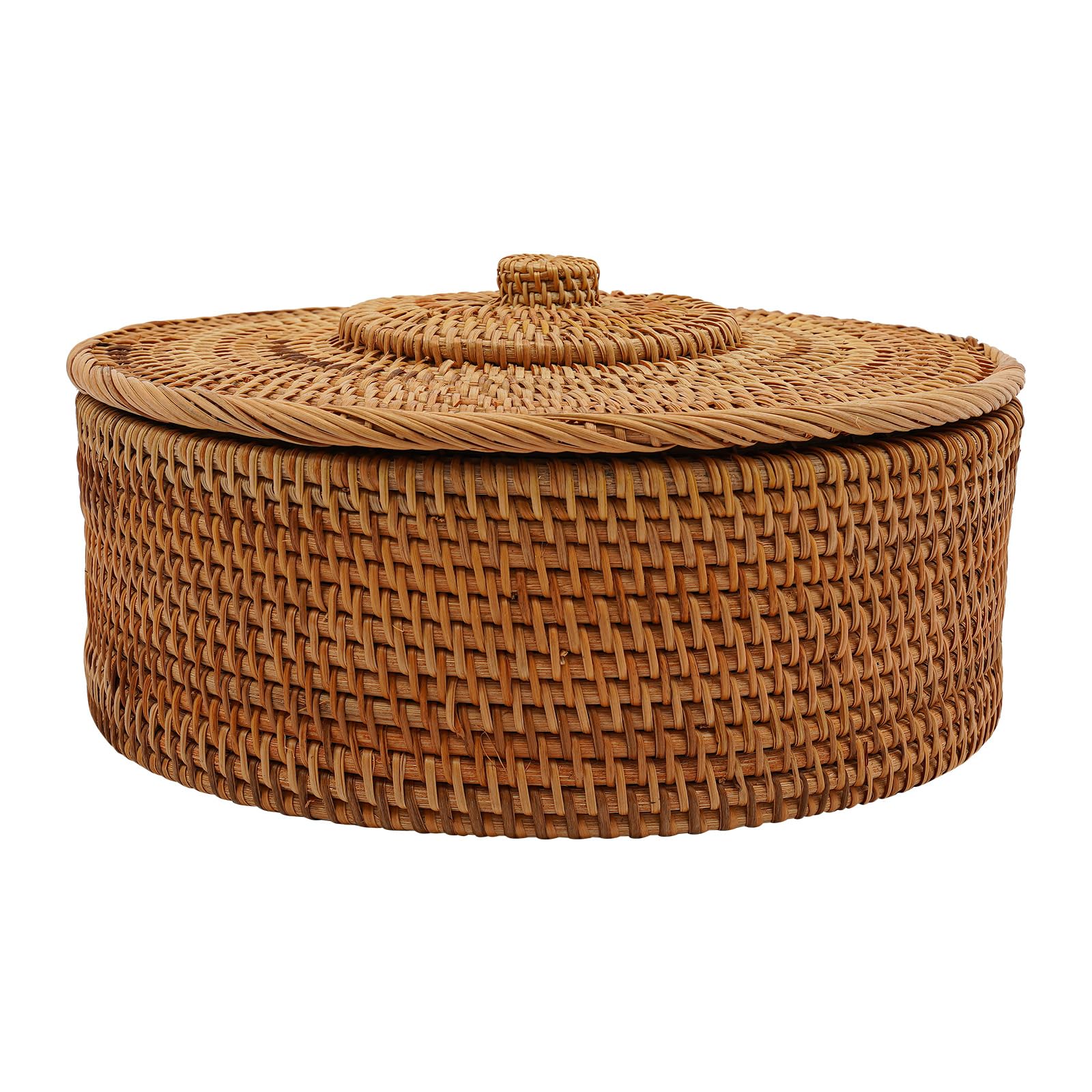 Cesto in rattan naturale con coperchio, contenitore rotondo in rattan con coperchio, 30 x 13 cm, realizzato a mano, cestello intrecciato, per frutta, pane, caramelle