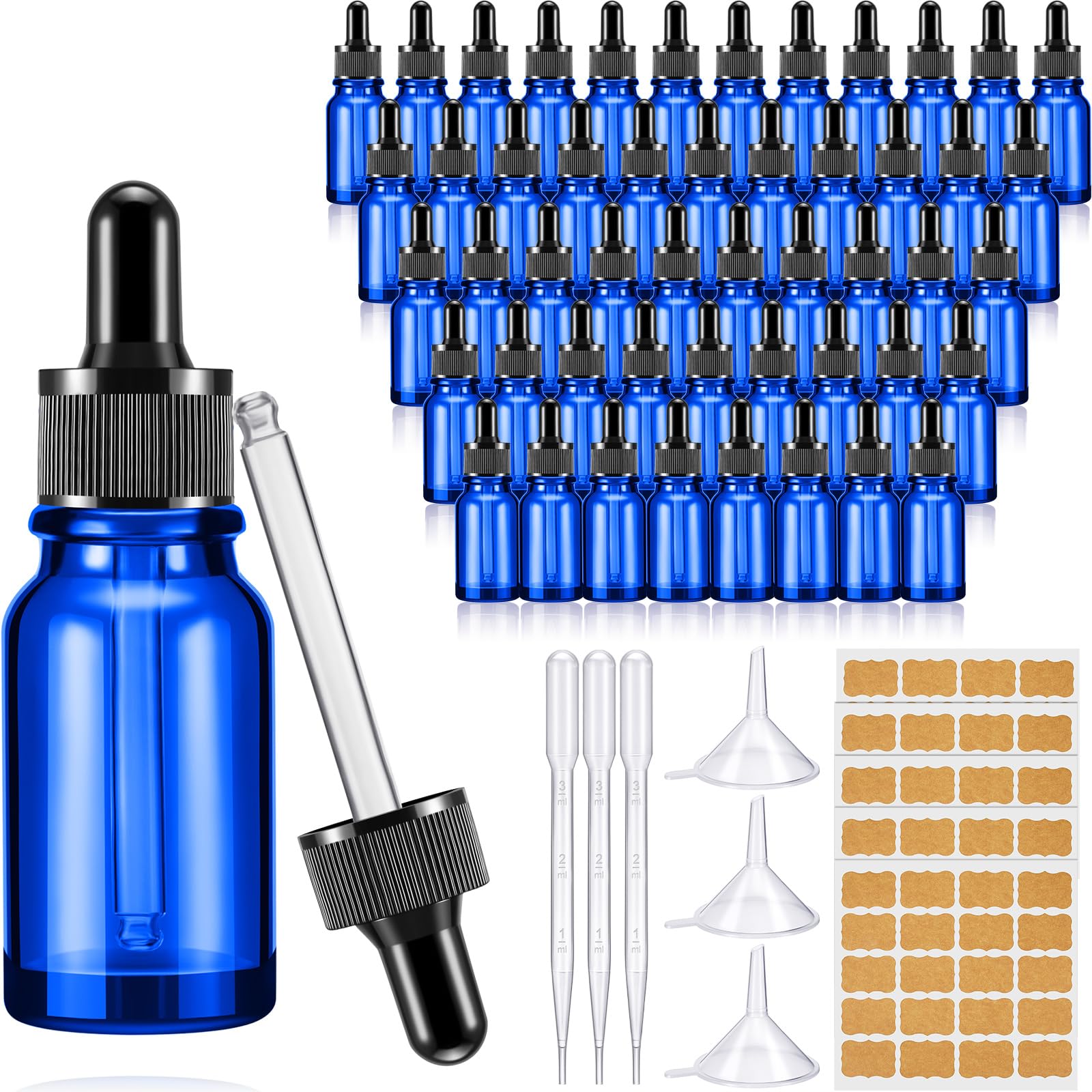 Lallisa Tropfflaschen für ätherische Öle, Glasflaschen mit Augentropfenspender, Tropfflaschen mit 5 Trichtern, 5 Pipetten, 3 ml, 100 Etiketten für ätherisches Öl, Parfüm (blau, 15 ml, 100 Stück)
