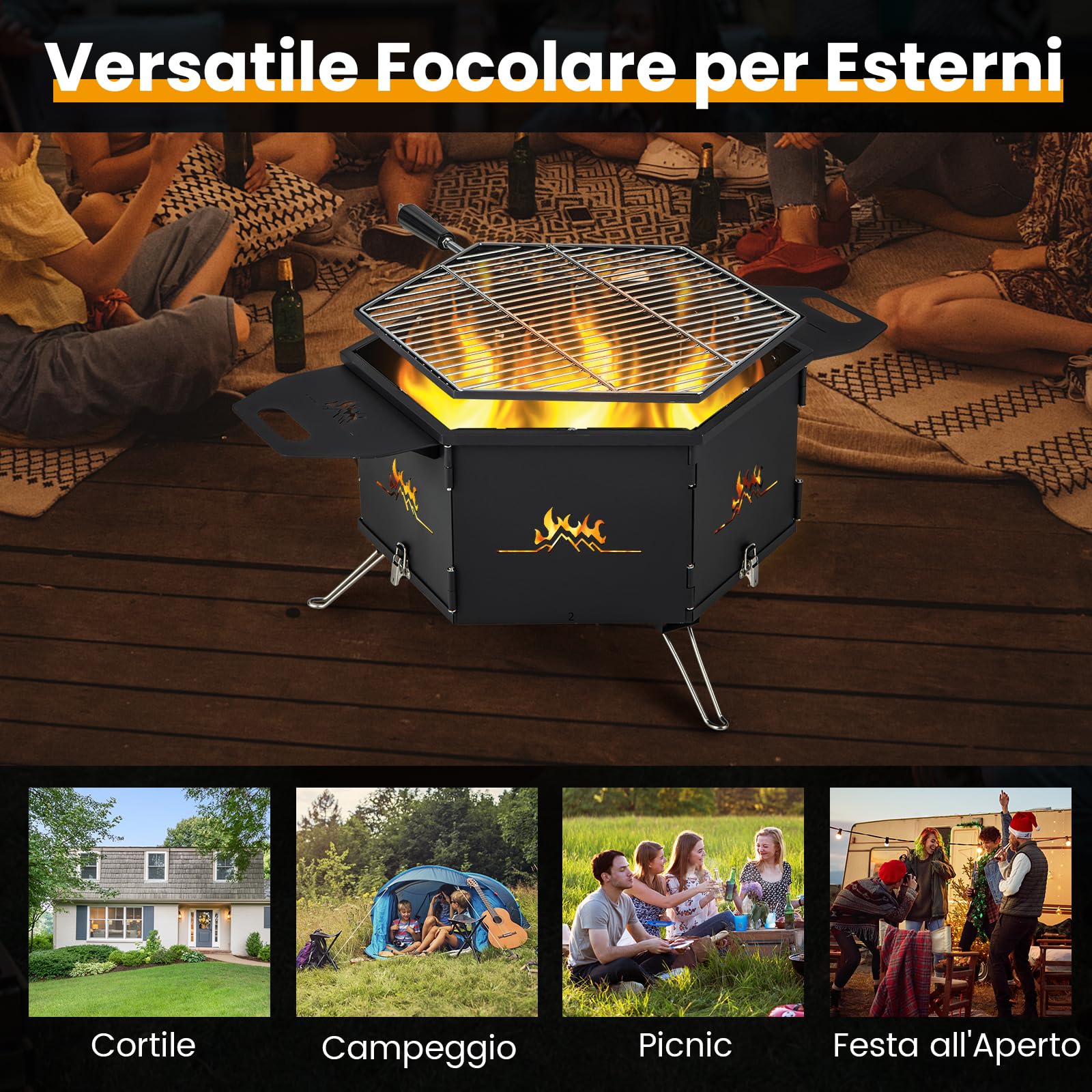 GYMAX Fornello da Campeggio con Grill all'Aperto, Barbecue Portatile a Carbone Allargato con 2 Manici, Gambe Pieghevoli, Fibbia Staccabile, Fornello a Carbone in Acciaio Inox per Viaggi, Campeggio