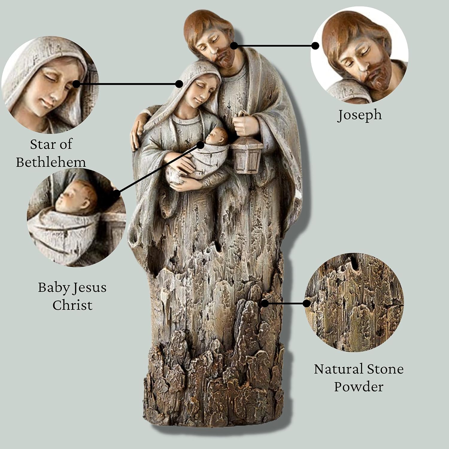 Avalon Gallery Christmas Figurines - Rustic Carved Wood Look Joseph Mary and Jesus Tabletop Nativity Figurine, 17-Inch, Tender Holy Family Color