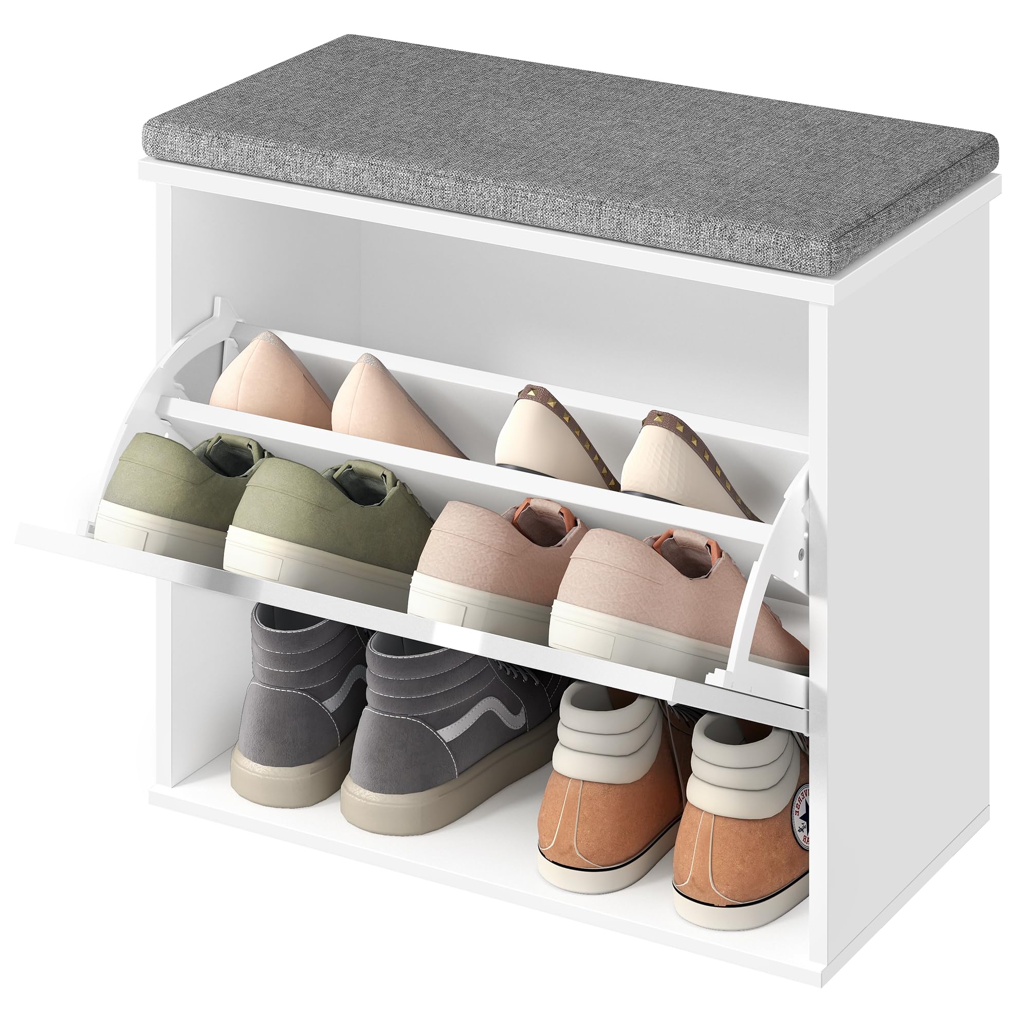 VASAGLE Banc à Chaussures Rembourré, Meuble d’Entrée sur 3 Niveaux pour 6 Paires de Chaussures, Tiroir Rabattable, 30 x 60 x 53,5 cm, pour Entrée, Chambre, Blanc Nuage et Gris Tourterelle LSB121WB01