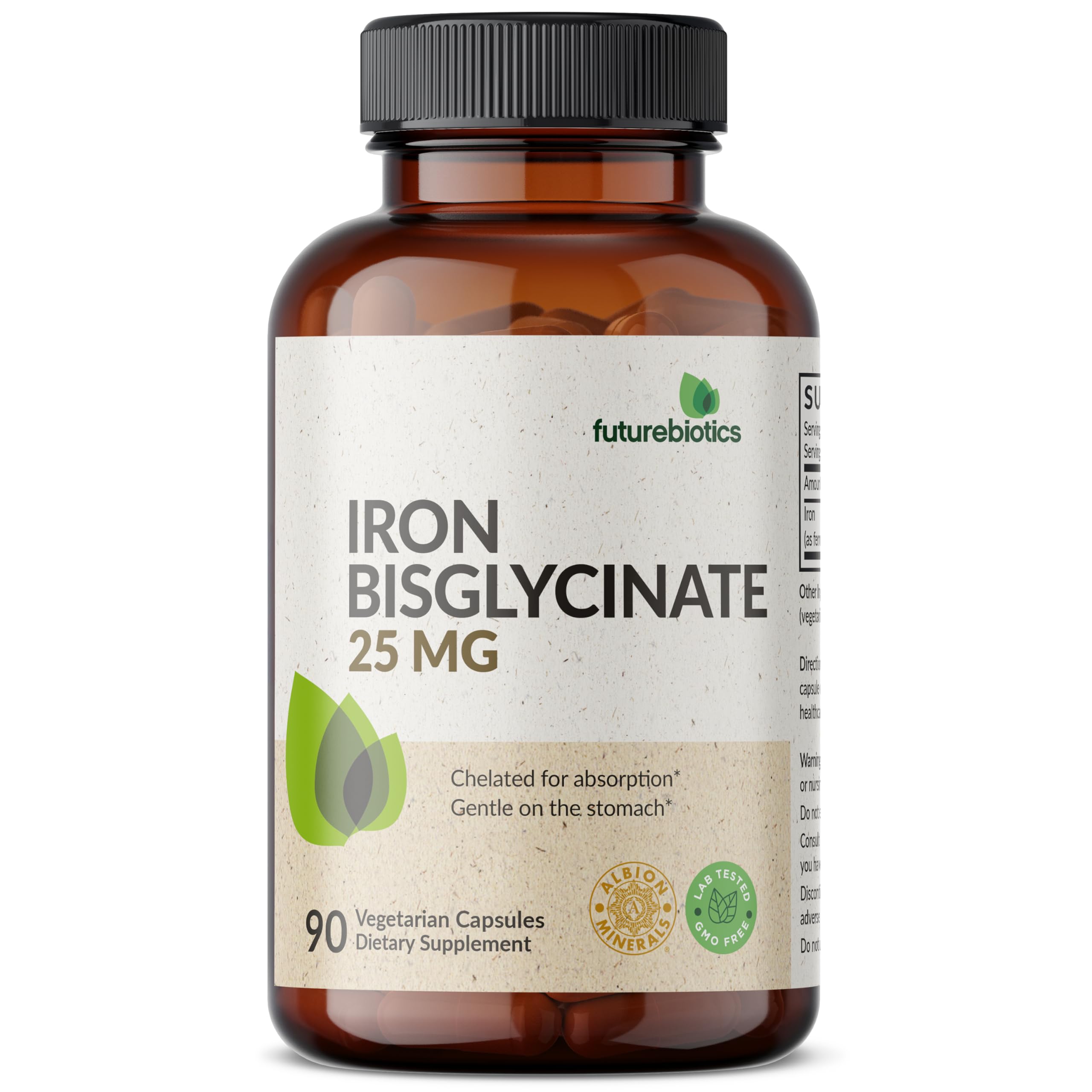 Futurebiotics Iron Bisglycinate 25mg Gentle on The Stomach, Supports Energy & Healthy Red Blood Cell Production - Non-Constipating Formula - Non GMO, 90 Vegetarian Capsules 90 Count (Pack of 1)
