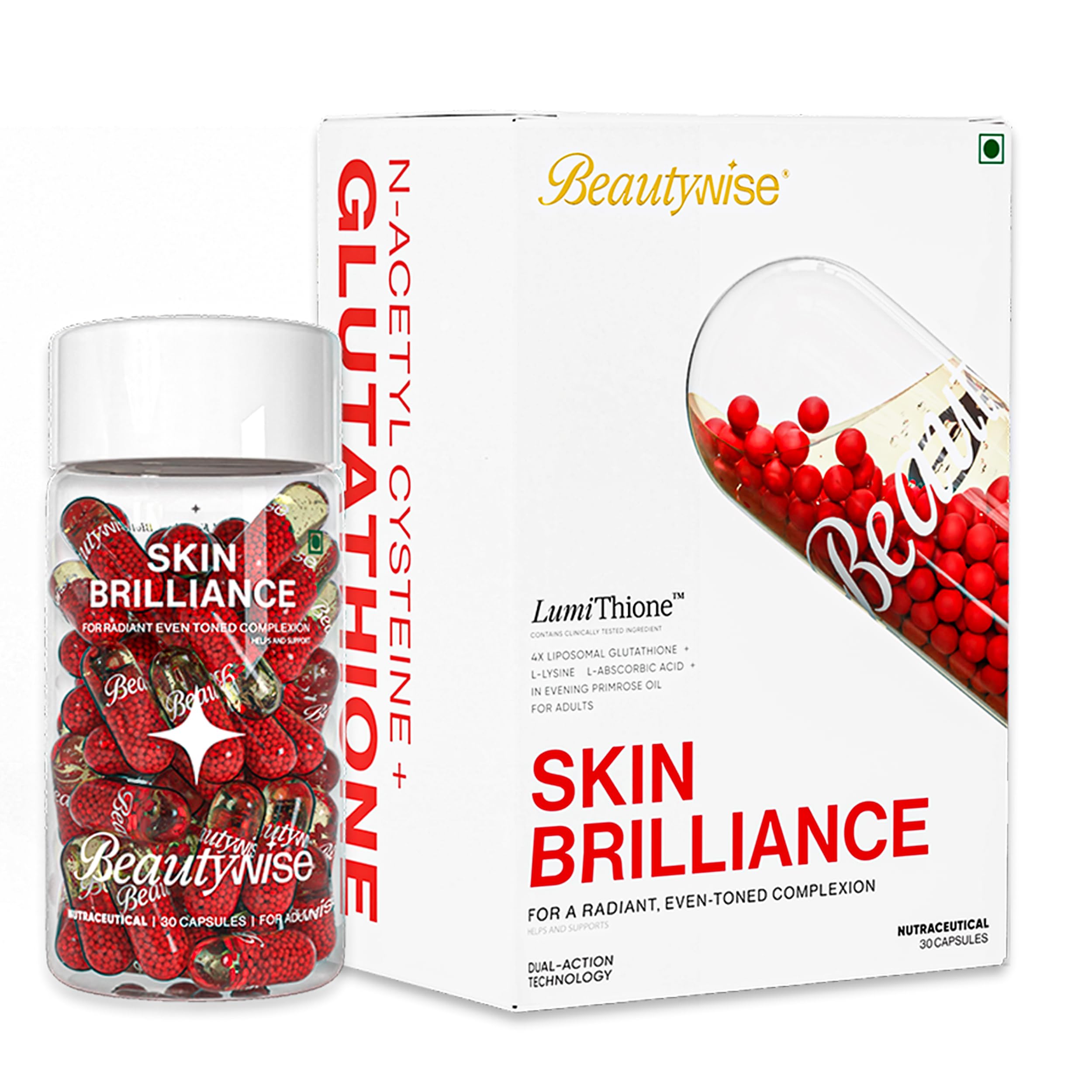 Beautywise Dual Action Skin Brilliance 4X Liposomal Glutathione With Nac|Dual Action 30 Capsules|L-Lysine,Grape Seed & Vitamin C |For Skin Brightening & Glow|(Pack of 1)