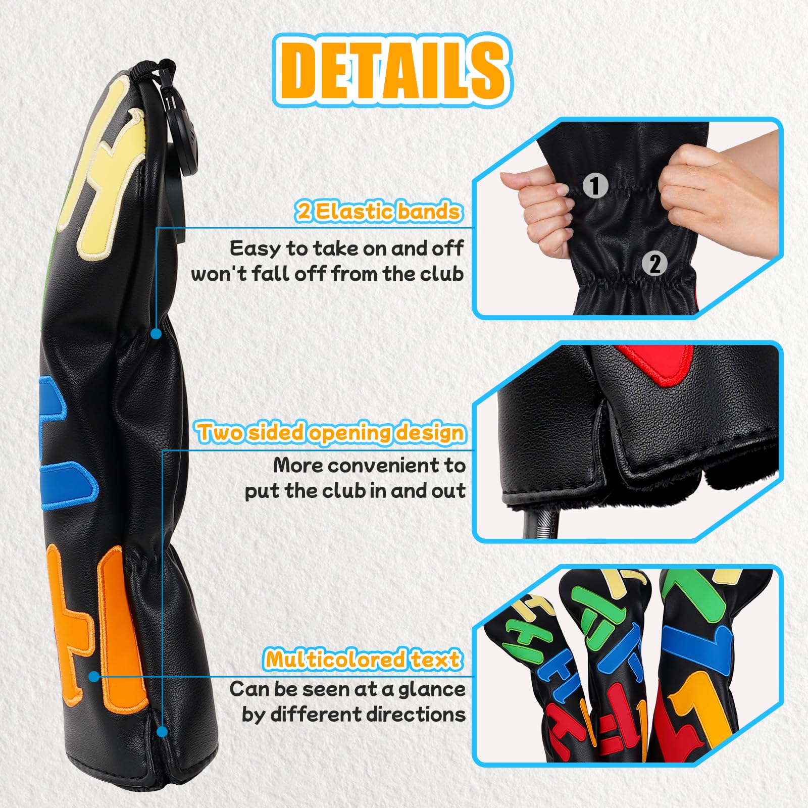 Fundas para cabeza de palo de golf de madera para conductor/Fairway/Hybrid 1FH, cierre elástico, piel sintética negra, texto multicolor