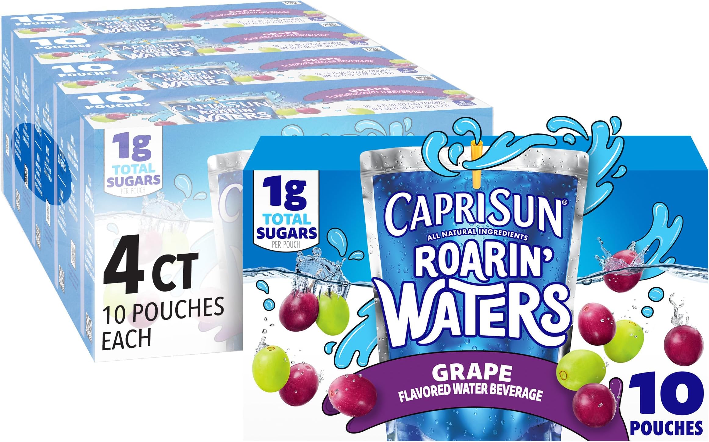 Capri Sun Roarin' Waters Flavored Water Beverage, Grape, 60 Ounce (Pack of 4)