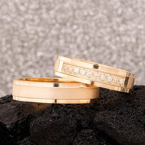 Miniatura 7 de Wedding Ring Set 14K Gold Plated Couple Matching Wedding Band Set Personalized Man and Woman Silver Wedding Ring Set