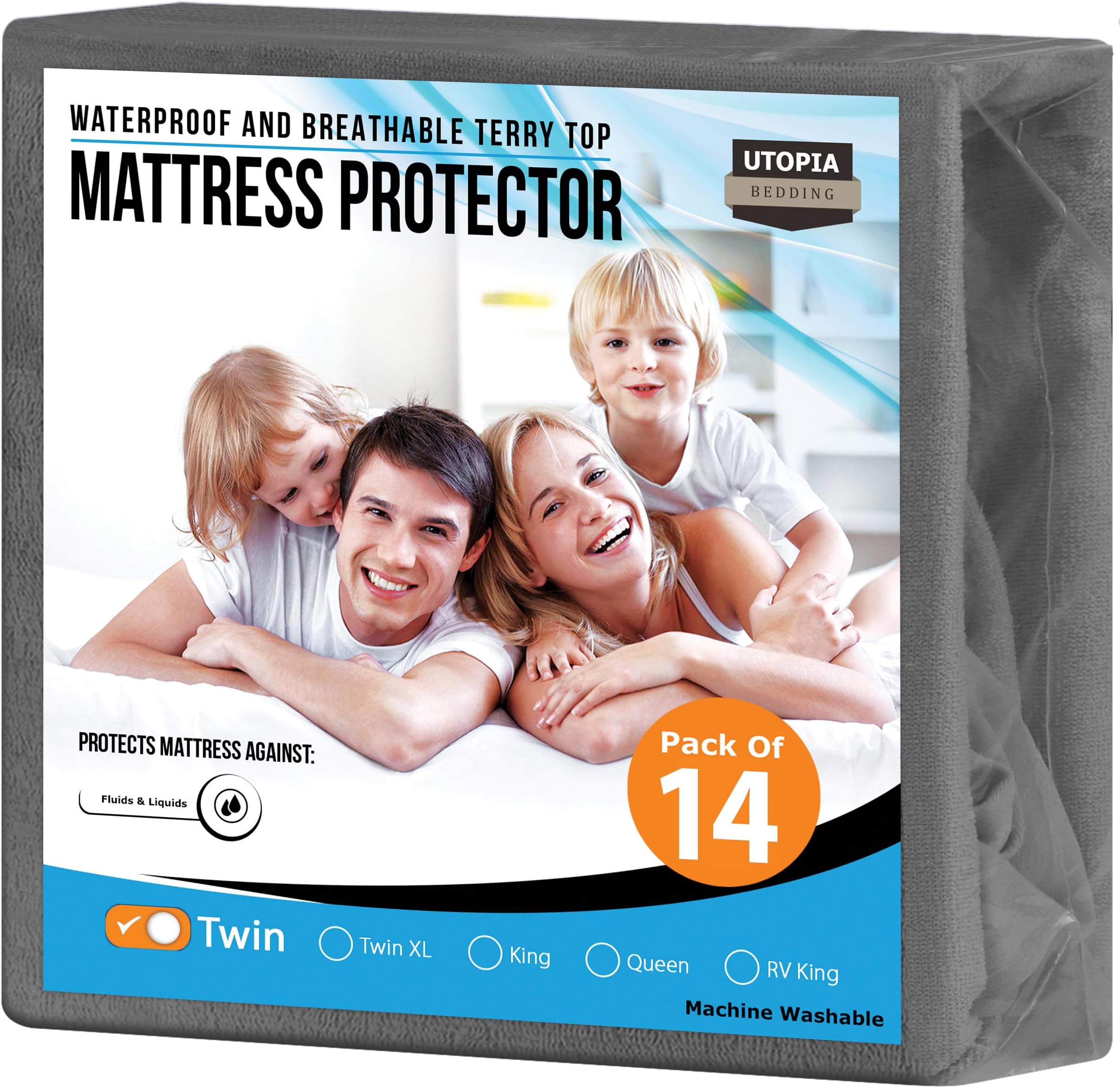 Utopia Bedding Waterproof Mattress Protector Twin Size (Pack of 14), Premium Terry Mattress Cover 200 GSM, Breathable, Fitted Style with Stretchable Pockets (Grey)