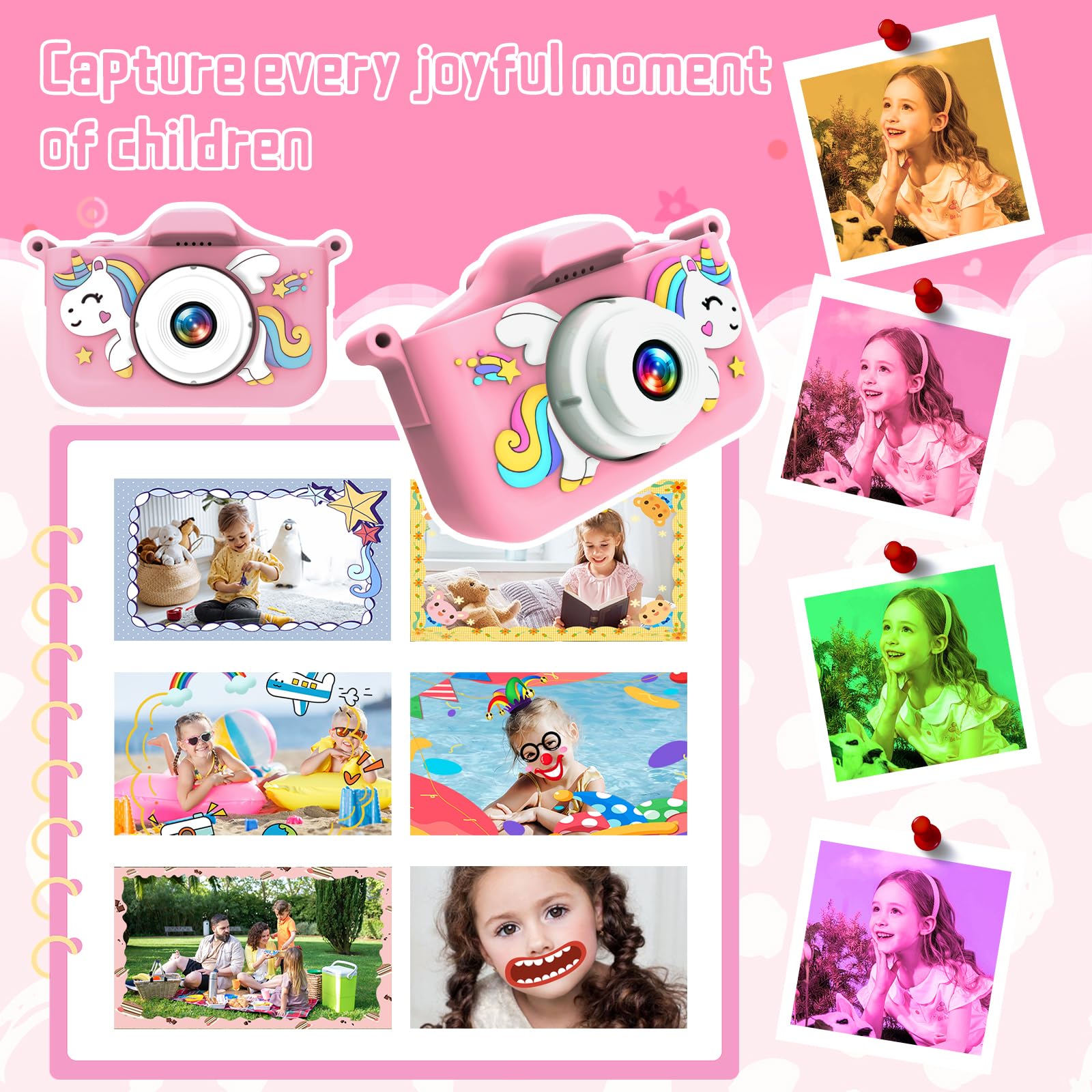 Fotocamera per bambini 1080P con 32GB e giochi - Fotocamera digitale per bambini dai 3 anni in su, fotocamera selfie con custodia in silicone unicorno, funzione di ricarica USB, musica e giochi