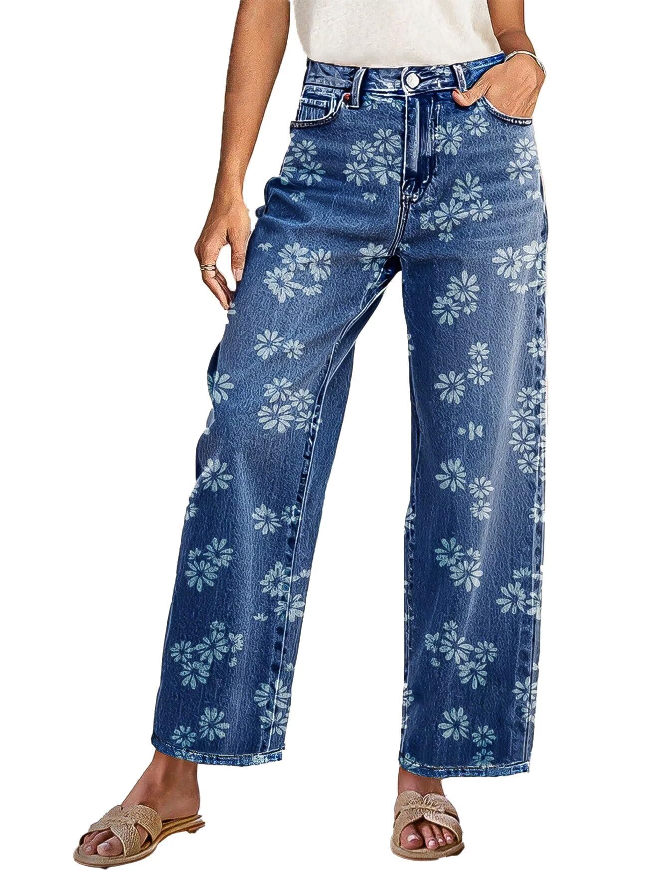 Flamingals High-Rise Vintage Floral Straight Leg Pants for Women Summer Casual Denim Pants
