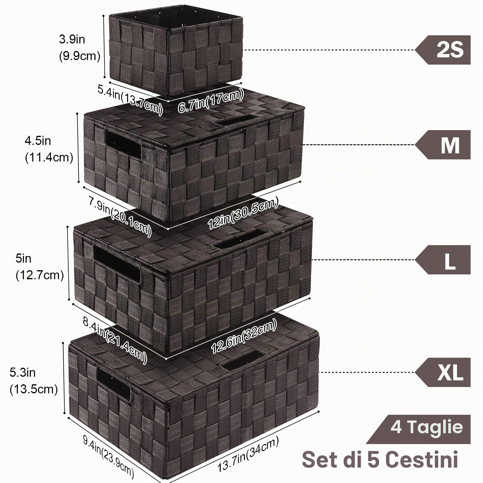 Uvellgift Set di 5 scatole portaoggetti da 34 cm con coperchio, impilabili, multiuso per riporre e organizzare bagno/stanza/asciugamani/trucchi (marrone)