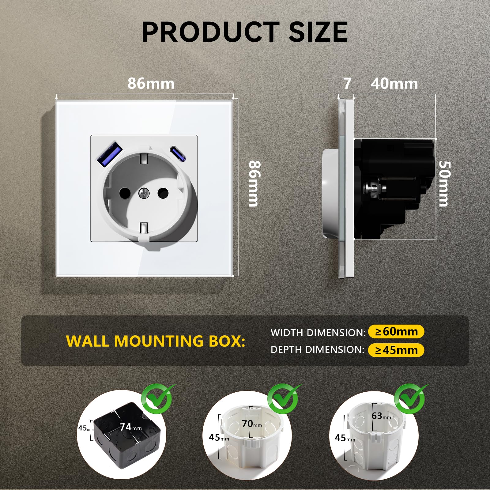 Enchufe con USB Pared,Enchufe Pared Empotrable Estándar con 20 W USB-A/C,86 * 86mm 1 Gang 16A,Toma de Corriente,Fácil Instalación,Blanco