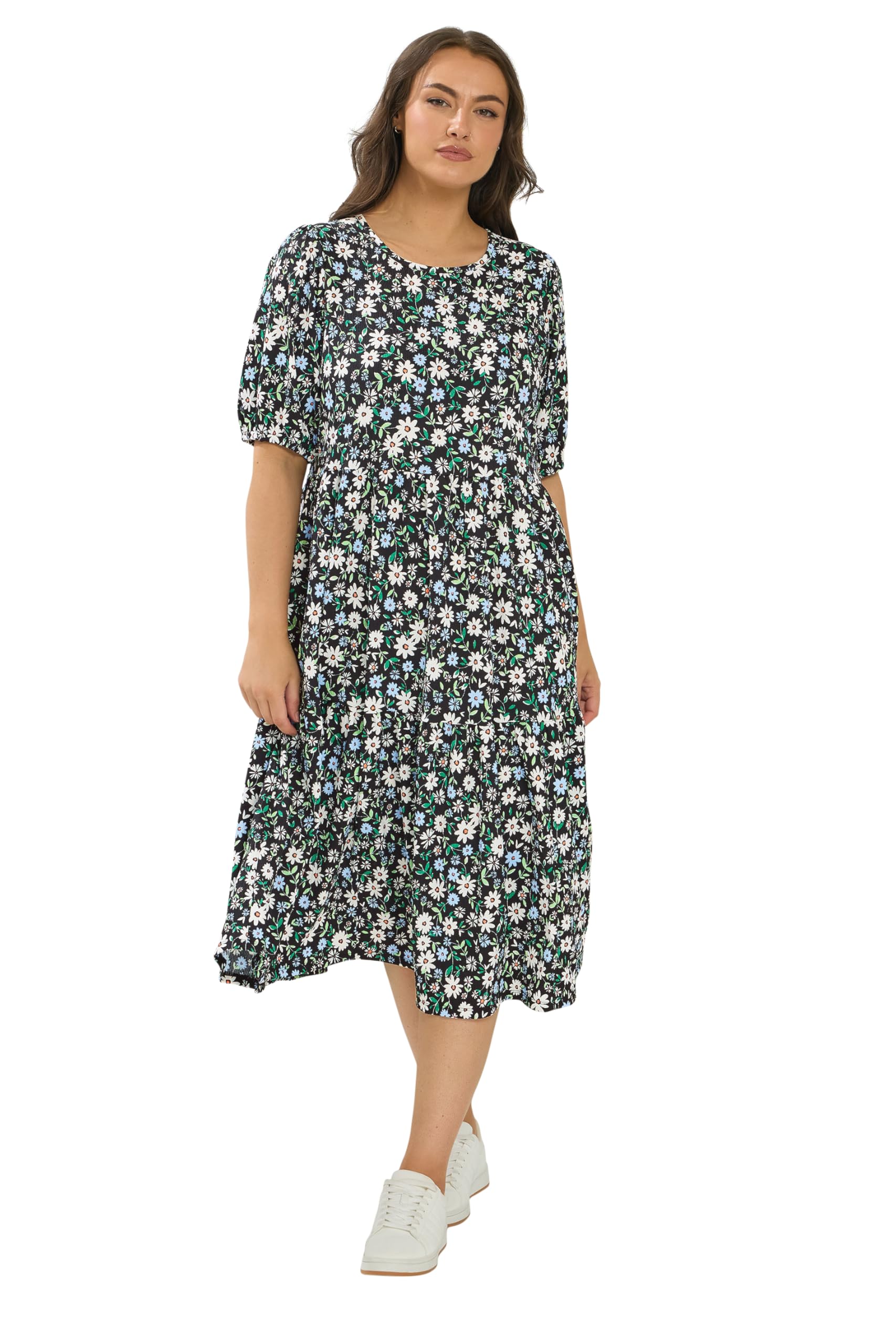 Yours Women's Black Ditsy Tiered Midi Dress In | Size: 26/28