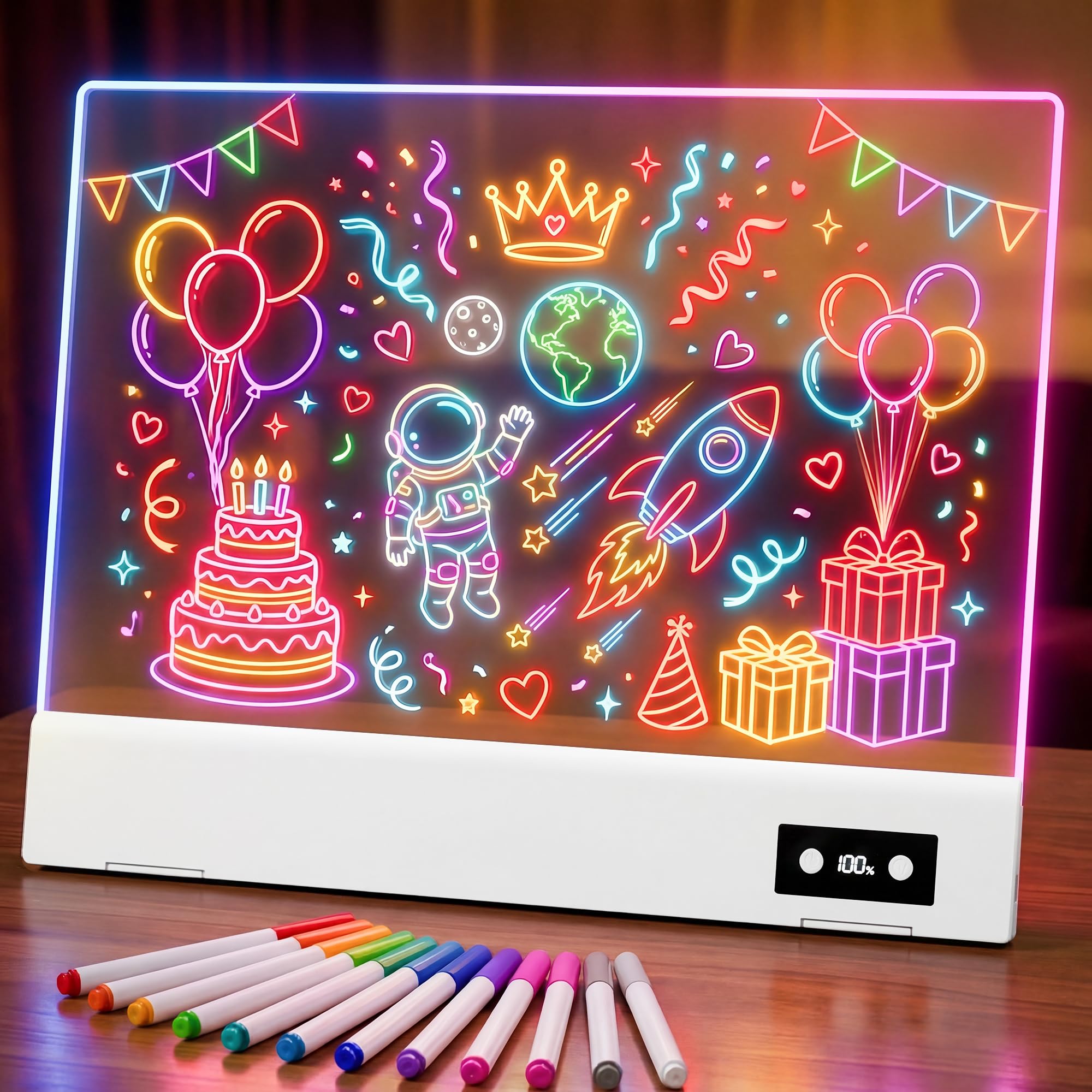 FLETUTE 16" LED Drawing Board, Rechargeable Acrylic Dry Erase Glow Board, 12 Modes Light Up Drawing Board for Kids, Dimmable Note Board with 12 Markers for Home & Office