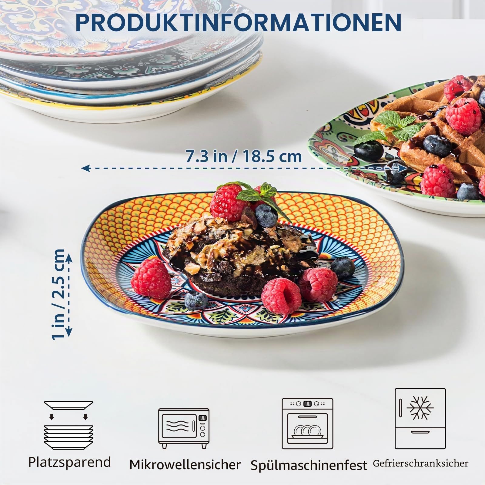 HENXFEN LEAD Dessertteller & Vorspeisenteller Porzellan, 18cm Quadratischer Salatteller 6er Set, Bunte Teller Set für Vorspeisen, Salat und Desserts - Bohemian Style