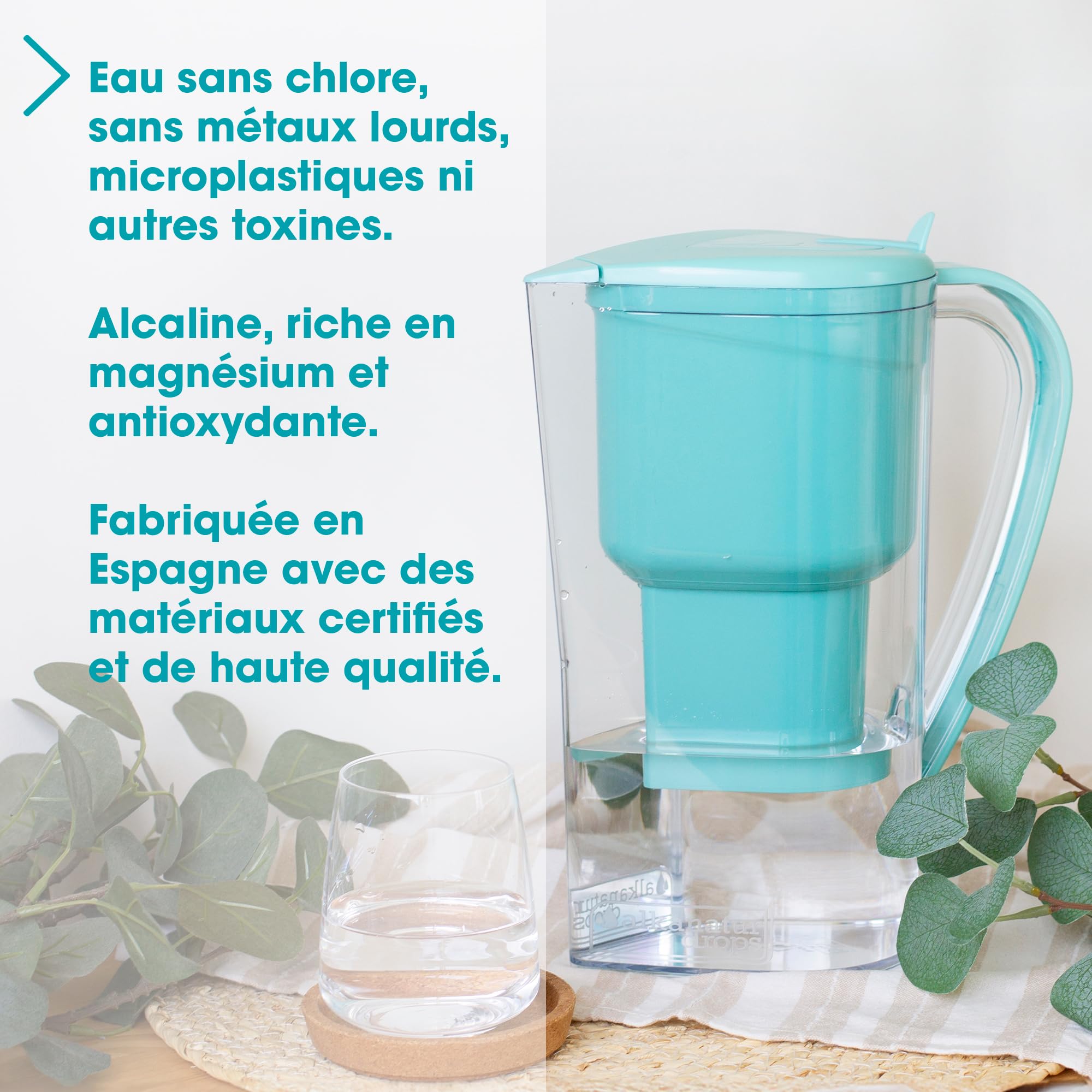 Carafe Filtrante Charbon Actif Eau Maison Alkanatur avec Filtre Basse Émission Sans Resine Ajoute Magnesium Fabrication Europeenne pH 9 Capacité 1.4L Water Filter Jug Hydrogène Élimine Métaux