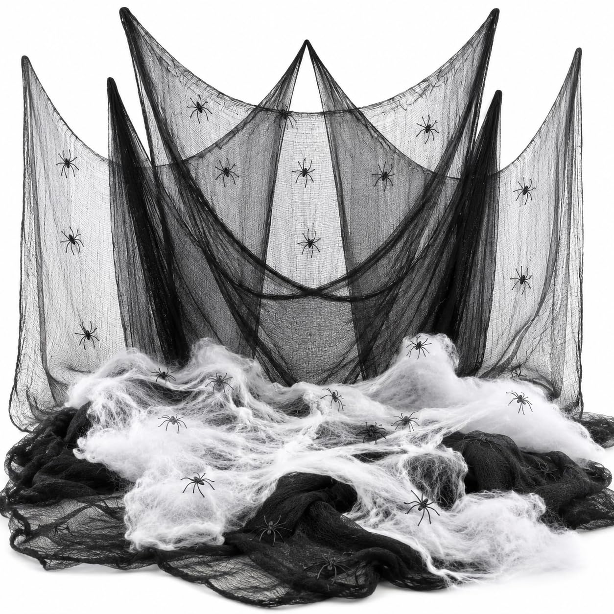 Eboutik Black - Halloween Spider Web With Plastic Spiders And Creepy Cloth Bundle – Stretchable Cobweb Decoration For Haunted House, Parties & Outdoor Spooky Decor