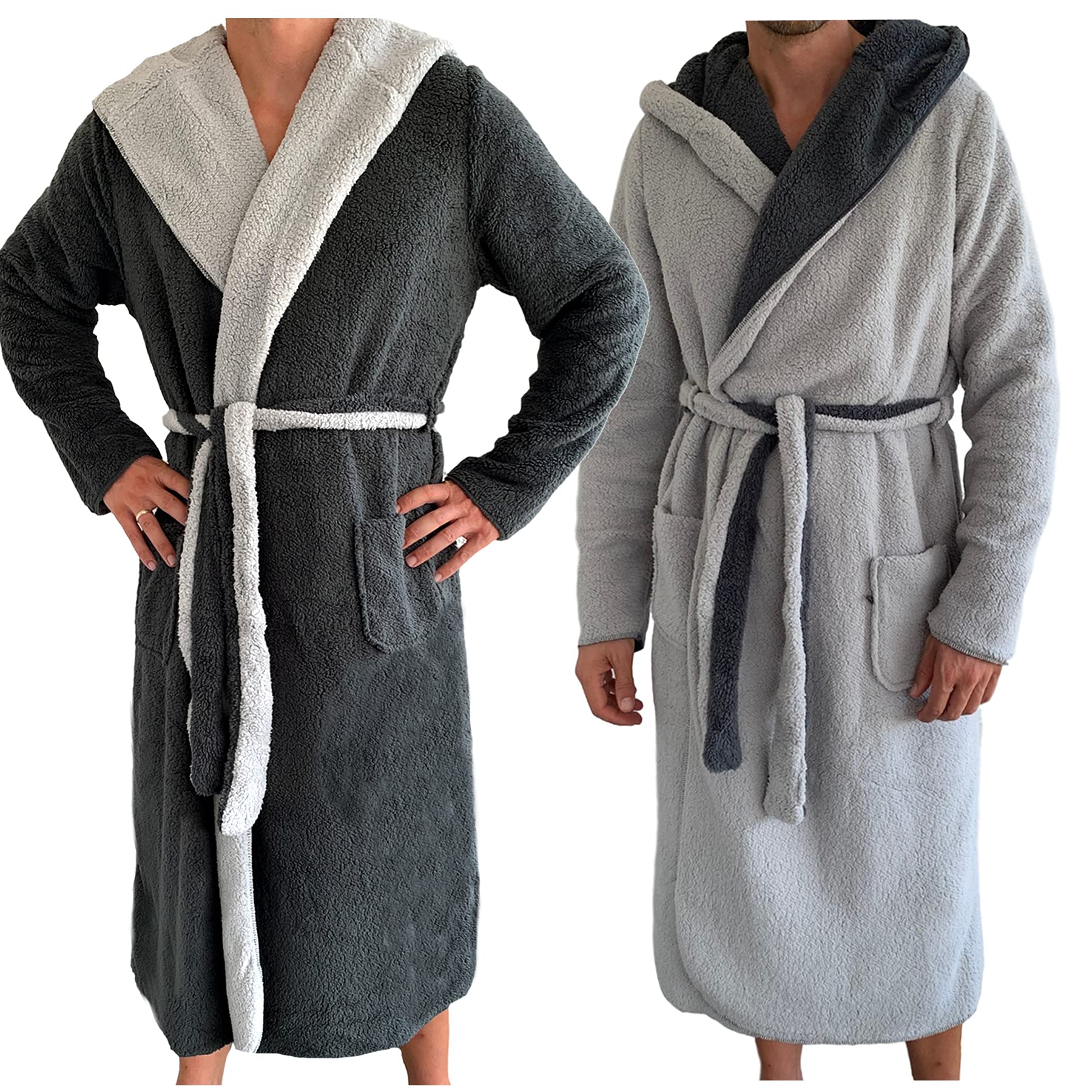 HOMELEVEL - Accappatoio da uomo con cappuccio, in Sherpa, reversibile, ideale per la casa, per l’inverno, caldo, Antracite/grigio chiaro, M