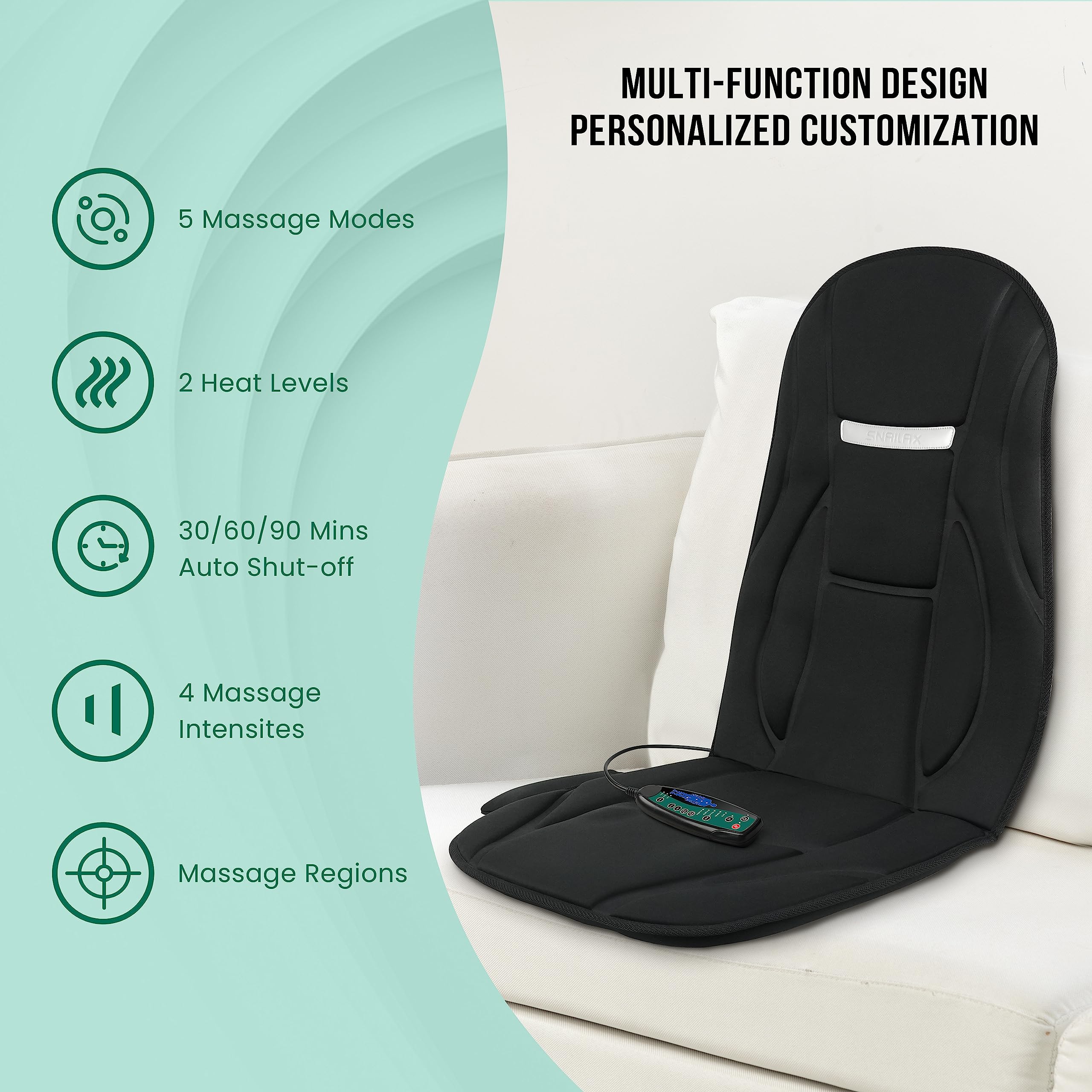 Snailax Housse de siège de massage avec fonction chauffante et vibrante, 8 moteurs de vibration, appareil de massage pour le dos, coussin de siège pour la maison, le bureau ou comme cadeau