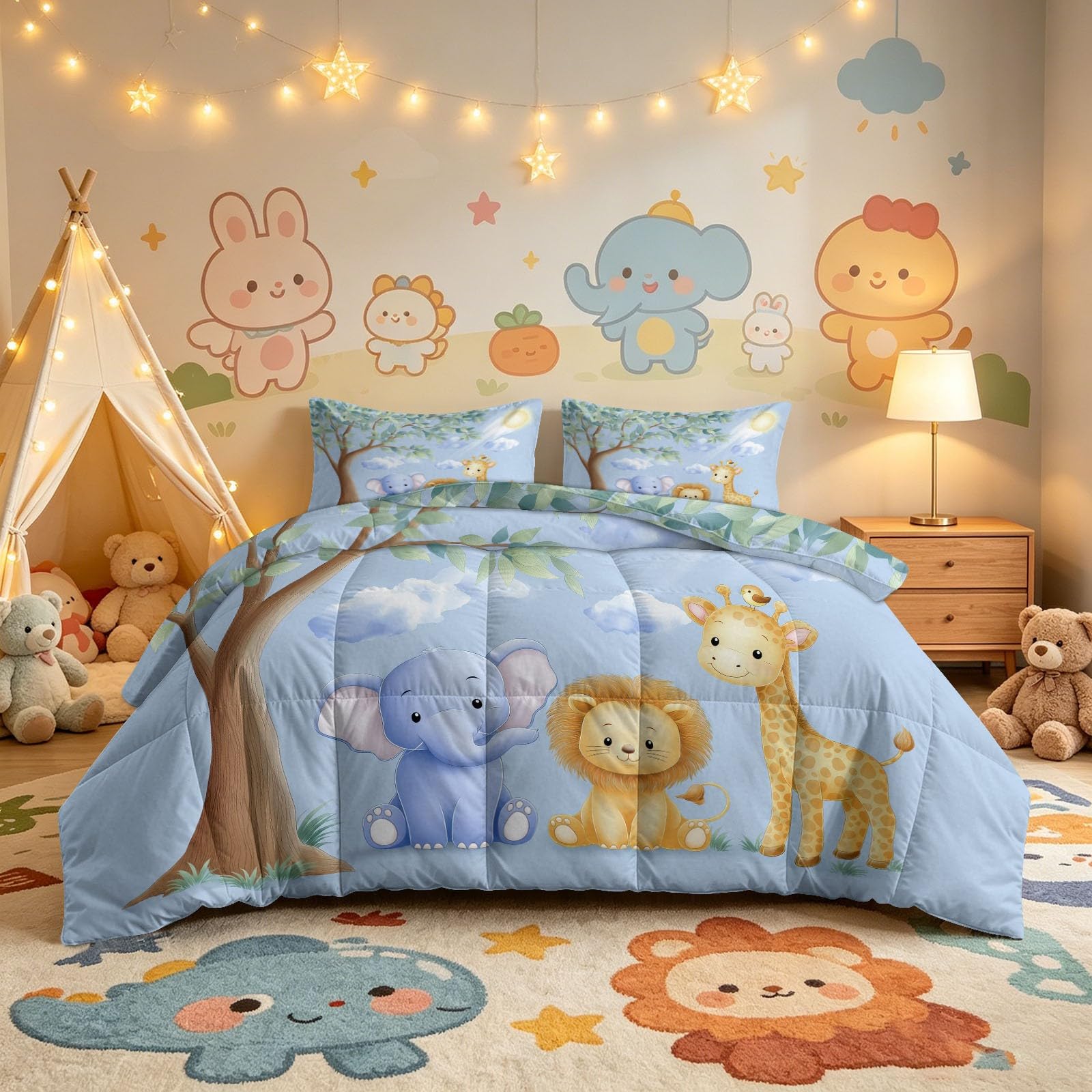 Generisch Edredón sin funda de 135 x 200 cm, diseño de león, elefante, para todo el año, con 2 fundas de almohada de 80 x 80, con dibujos animados de animales, lavable, 4 estaciones, agradable para la
