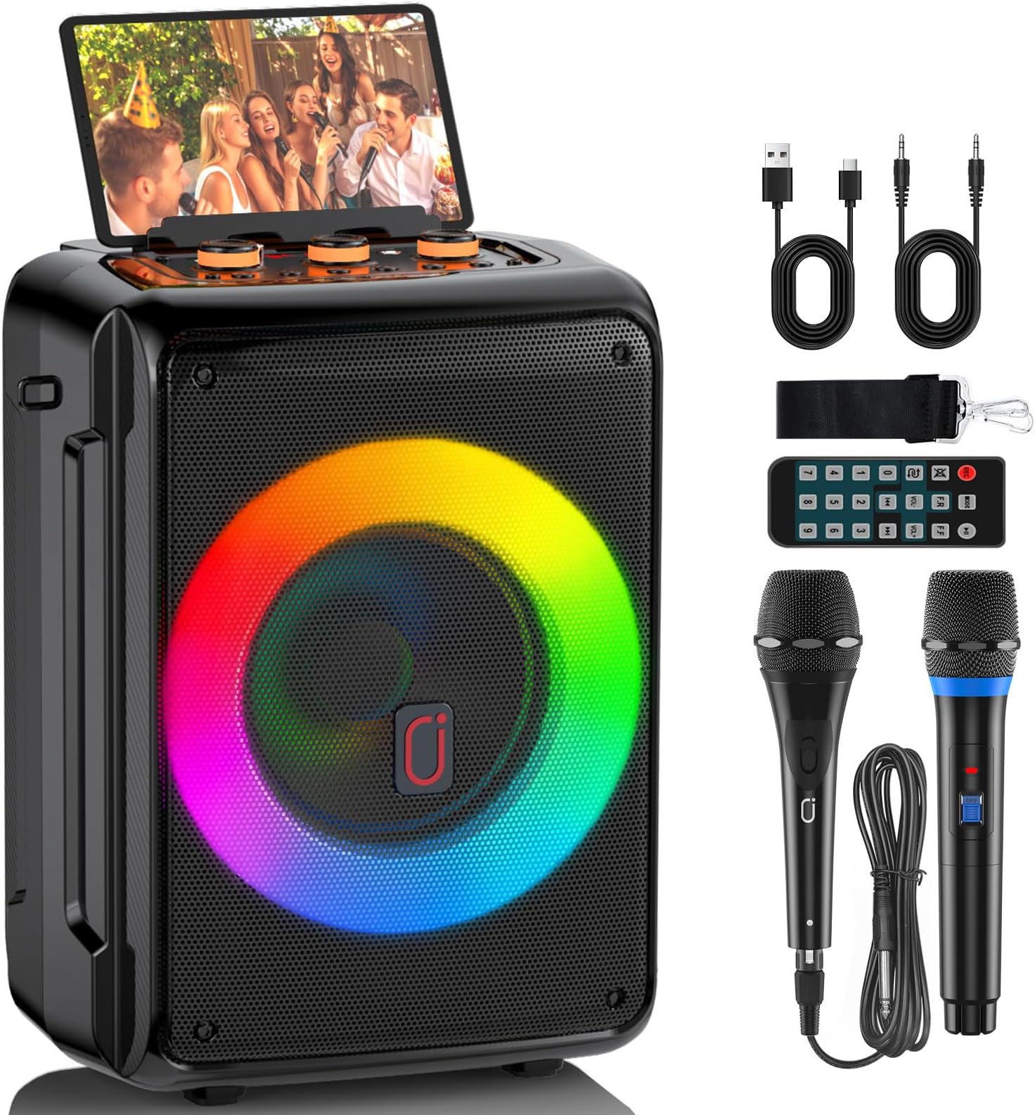 Wireless Portable Speaker with 2 Mics, Home Party Bluetooth Speaker with HD Sound, Echo Adjustment, 12 Hours Playtime, DJ Light for Party/Meeting, Support TF/USB/AUX/REC, Best Gift for Brithday