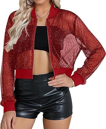 Nlife Women Sheer Mesh Sparkly Crop Bomber Jacket See Thru Glitter Rave Festival Clubwear Night Out Party Concert Outfit