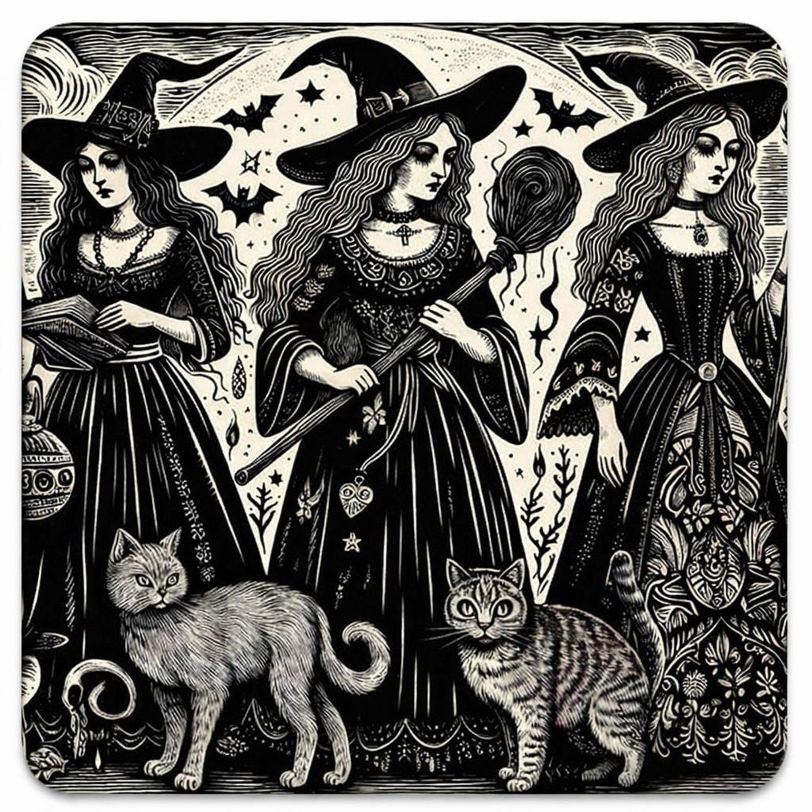 Half a Donkey Witch Trio Black Cat Cork backed Coaster