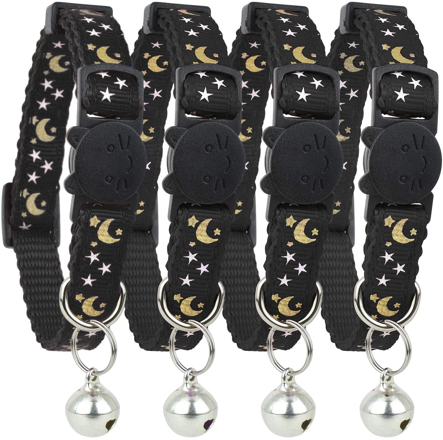 Upgraded Version - Cat Collar Stars and Moon, 4-Pack, Reflective with Bell, Solid & Safe Collars for Cats, Nylon, Kitty Collars, Pet Collar, Breakaway Cat Collar, Free Replacement