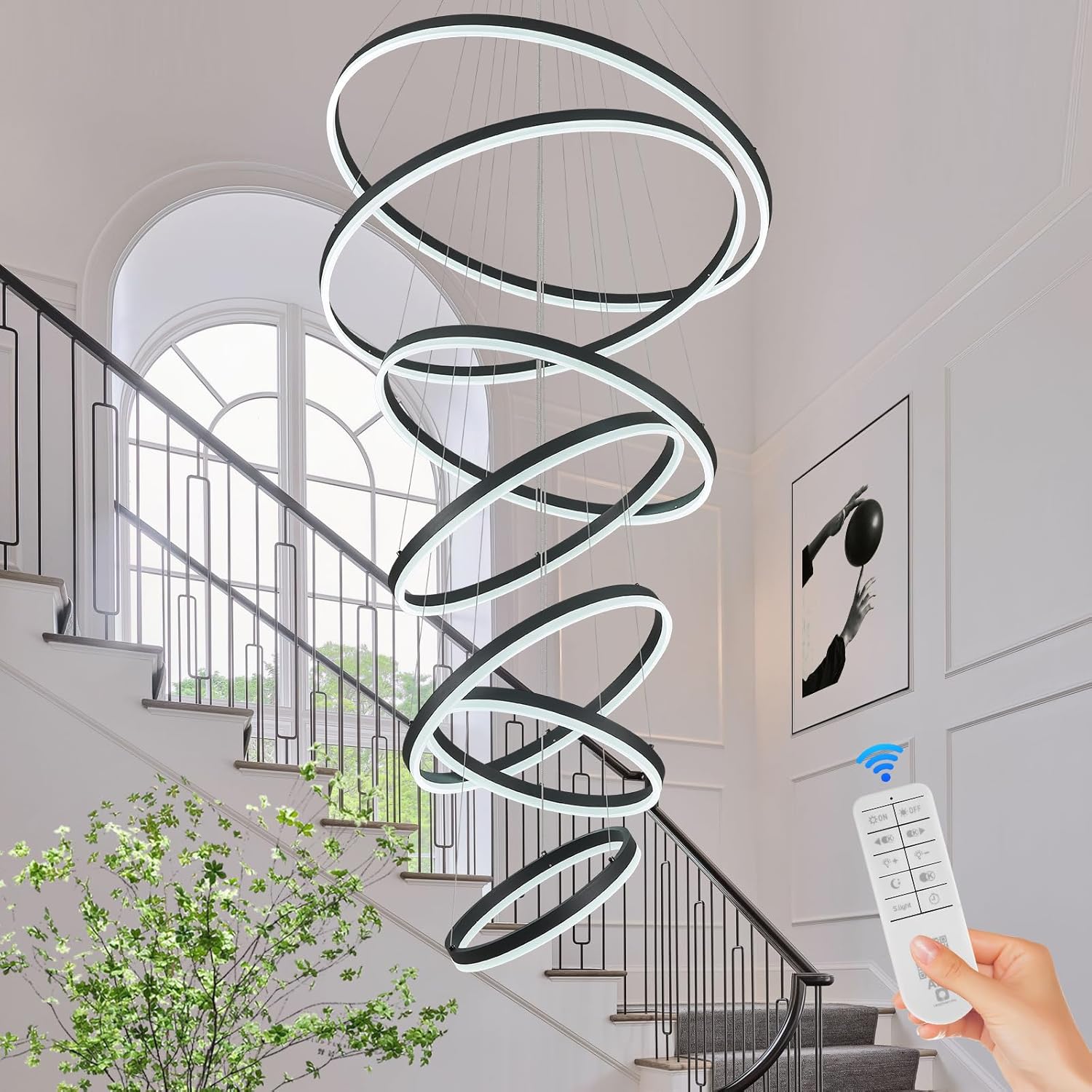 Benkut 7-Rings Modern LED Chandelier Black D31.5’’ Large Contemporary Chandelier for Staircase, Dimmable High Ceiling Chandelier Lighting with Remote Control for Villa Living Room Entryway 3000K-6500K