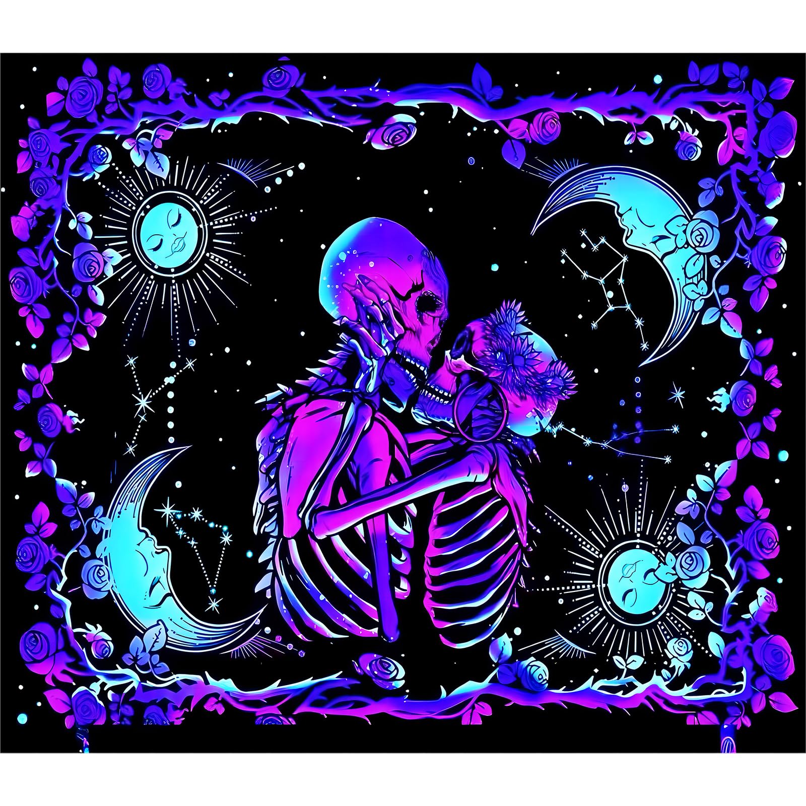 Roninkier Skeleton Lover UV Tapestry Black Light Wall Cloth, Psychedelic Aesthetic The Kissing Lovers Tapestry Wall Hanging for Bedroom Living Room (230L x 180W cm)