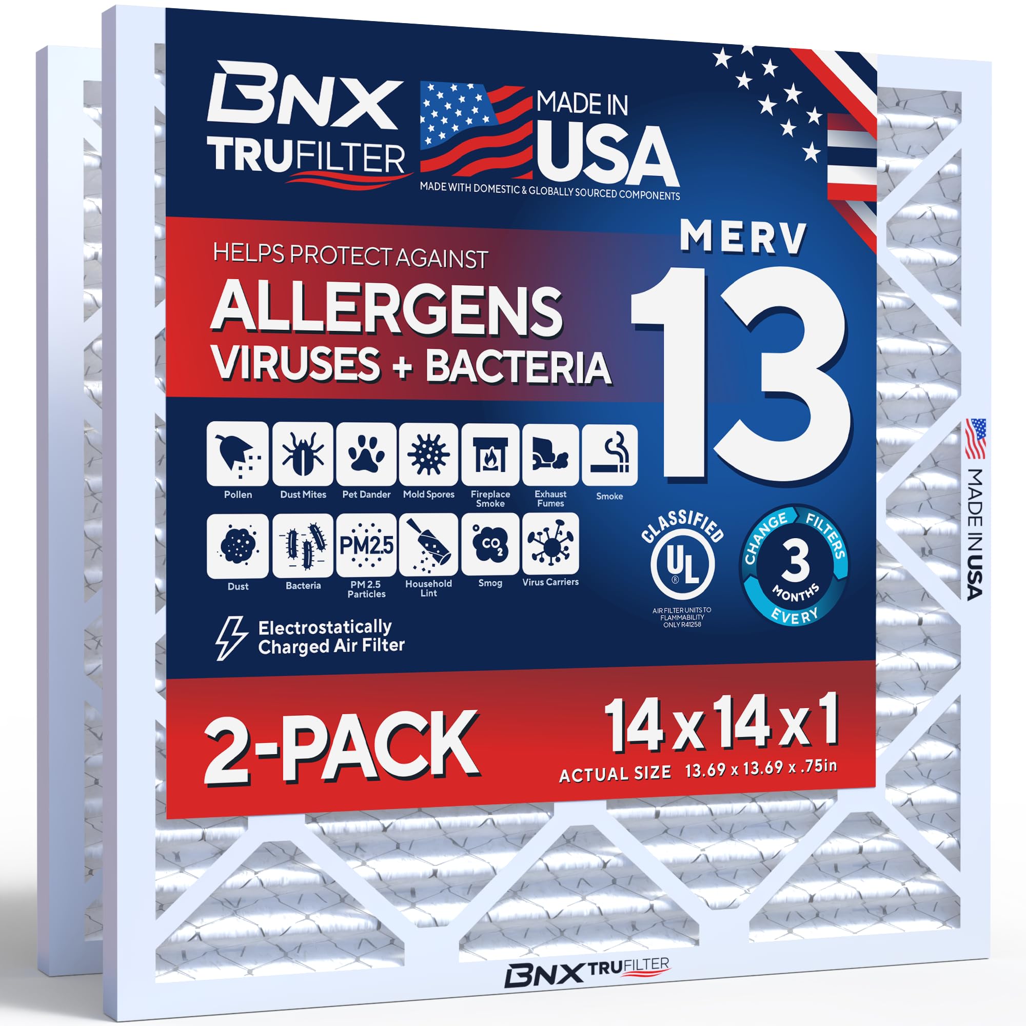 BNX TruFilter 14x14x1 Air Filter MERV 13 (2-Pack) - MADE IN USA - Electrostatic Pleated Air Conditioner HVAC AC Furnace Filters for Allergies, Pollen, Mold, Bacteria, Smoke, Allergen, MPR 1900 FPR 10