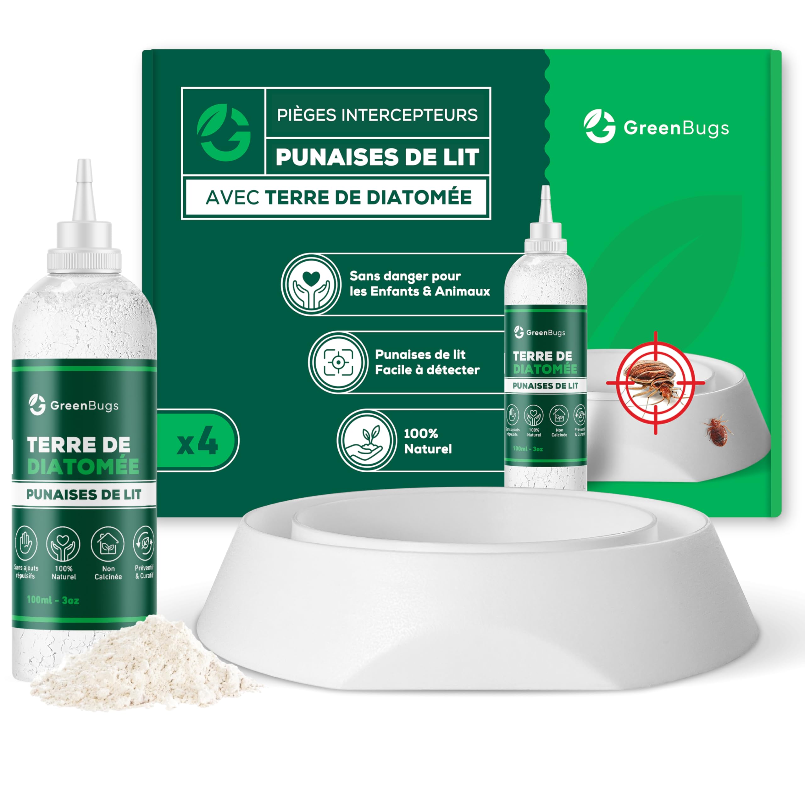 Piège Punaises de Lit (x4) avec Terre de Diatomée 100% Bio - Kit Intercepteurs Anti-Punaises pour Pieds de Lit - Solution Efficace - Inclus Mode d’Emploi