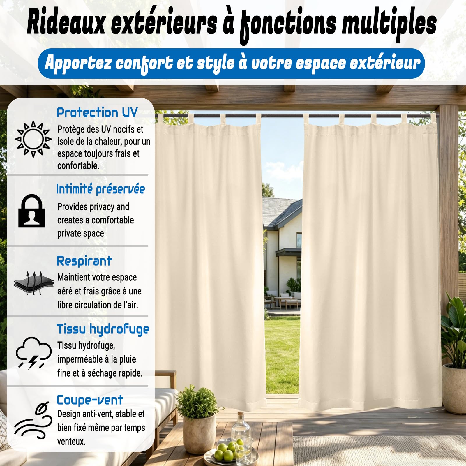 Rideau extérieur résistant, 1 pièce Rideau Anti-Soleil avec Anneaux de Suspension, Coupe-Vent et occultant pour Jardin, pavillon, pergola et terrasse - 100L × 140Hcm